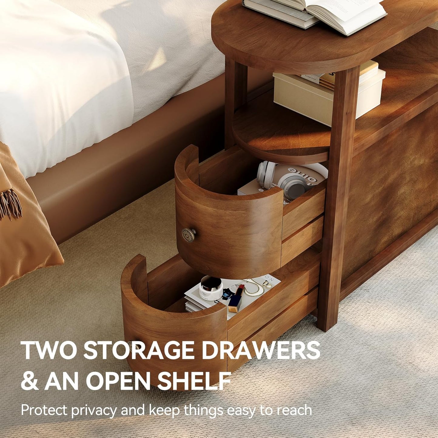 LITTLE TREE Solid Wood End Table Set 2 with 2 Drawers & Open Shelf, No Assembly Required Side Table for Living Room, Vintage Brown Couch Side Tables, Slim Bedside Table Nightstand for Bedroom