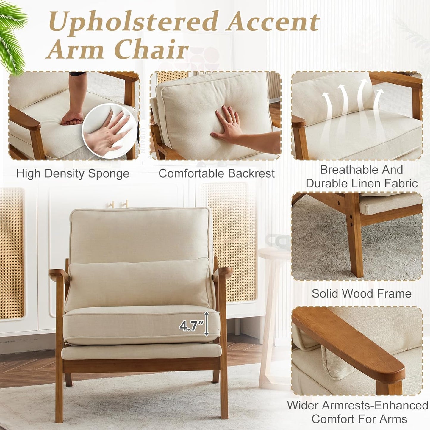 VINGLI Solid Wood Wide Armrests Accent Chair Set of 2,Upholstered Mid Century Modern Chair with Pillow,Farmhouse Arm Chair Comfy Reading Chair,Chairs Living Room,Bedroom,Guest Room,Linen Fabric,Beige