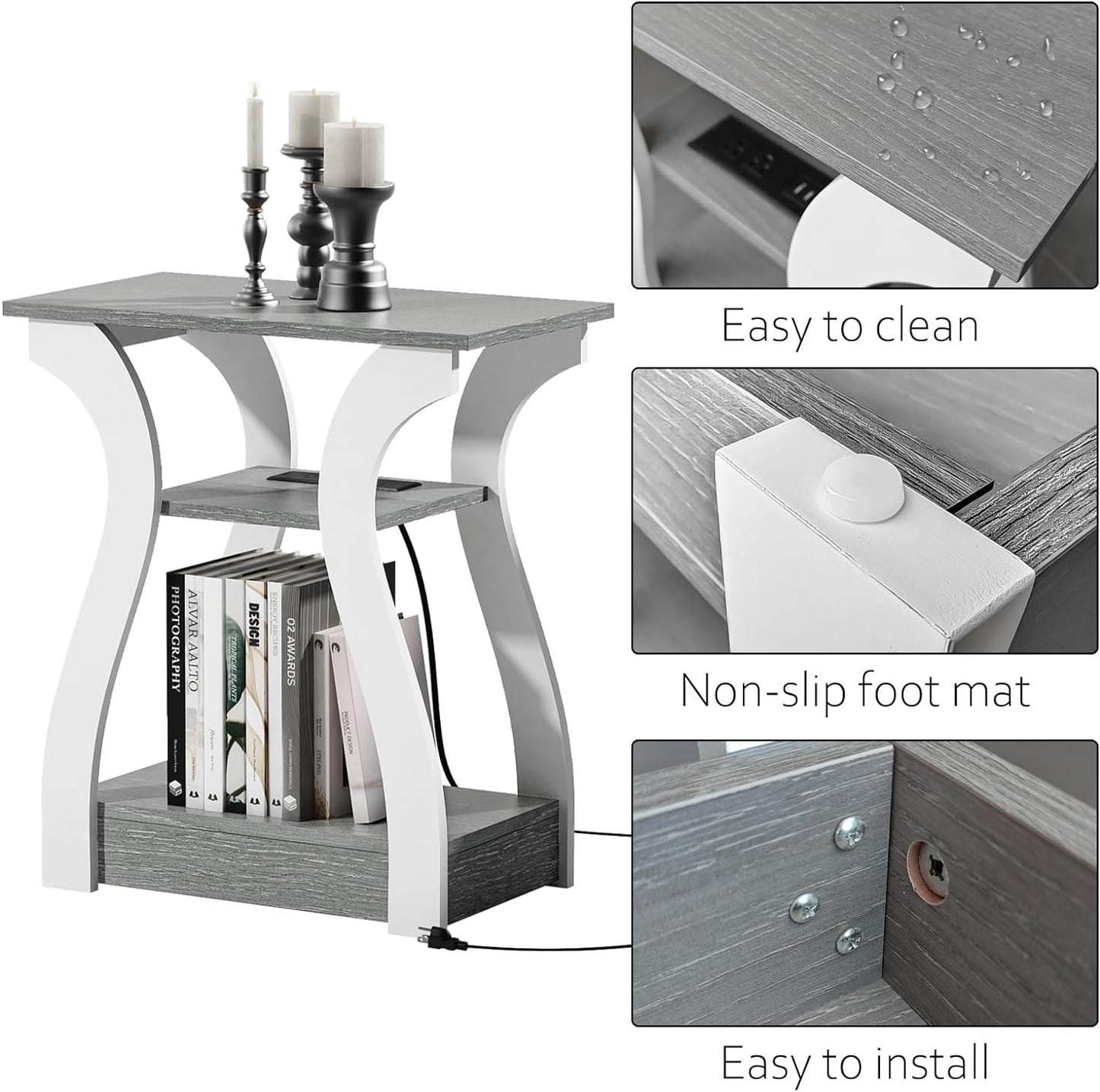 FROMJBEST End Tables Living Room Set of 2,Grey End Table with Charging Station,Grey Side Table, Nightstand for Bedroom, 3 Tier End Table with Storage Shelf for Living Room