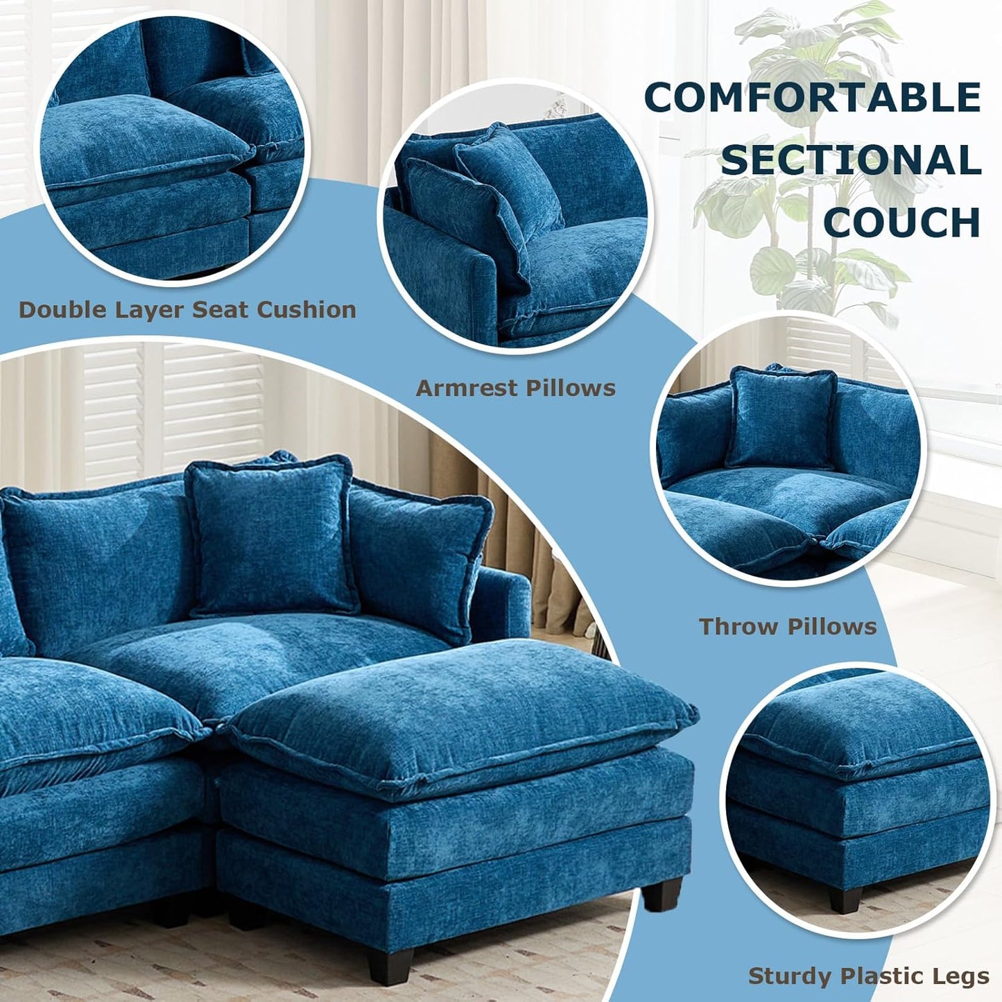 SoarFlash 113.78" Chenille Sectional Sofa, Comfy L Shaped Modular Coush Sofa with Ottoman, Modern 4 Seat Couch Deep Seat Sofa Set for Living Room,Blue