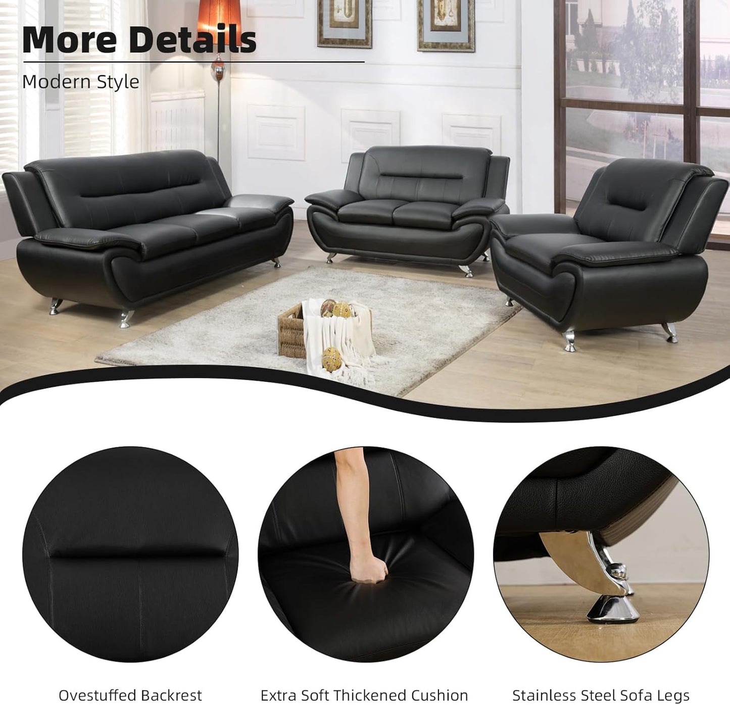 Modern Leather Sofa Set, Living Room Furniture, 3 - Piece Couch Set, Faux Leather Couch Loveseat Chair Set with Sturdy Legs for Living Room/Bedroom/Office,Black