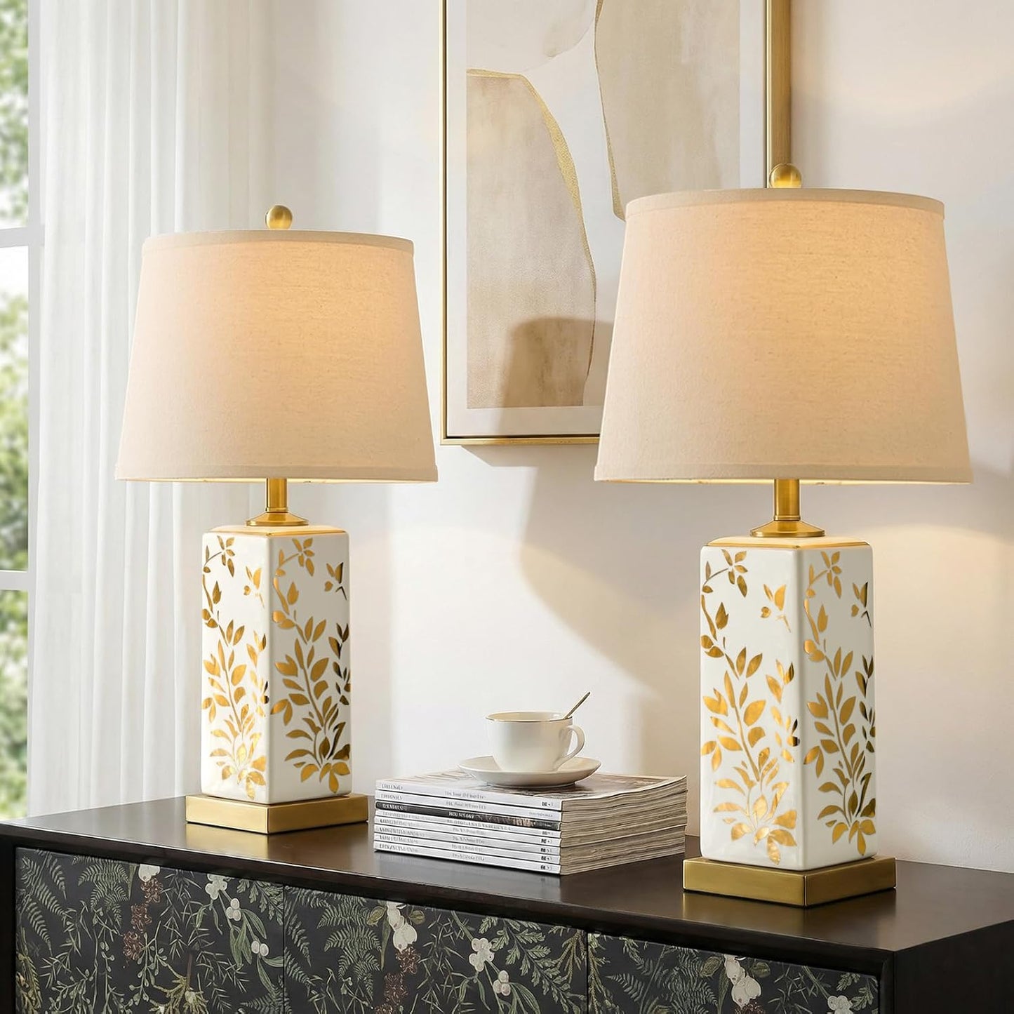 24.25" Mid Century Modern Lamp Set of 2, Vintage Farmhouse Chinoiserie Ceramic Table Lamps, Reflective Gold Leaf Pattern Bedside Lamps for Bedroom Living Room Nightstand, White & Gold