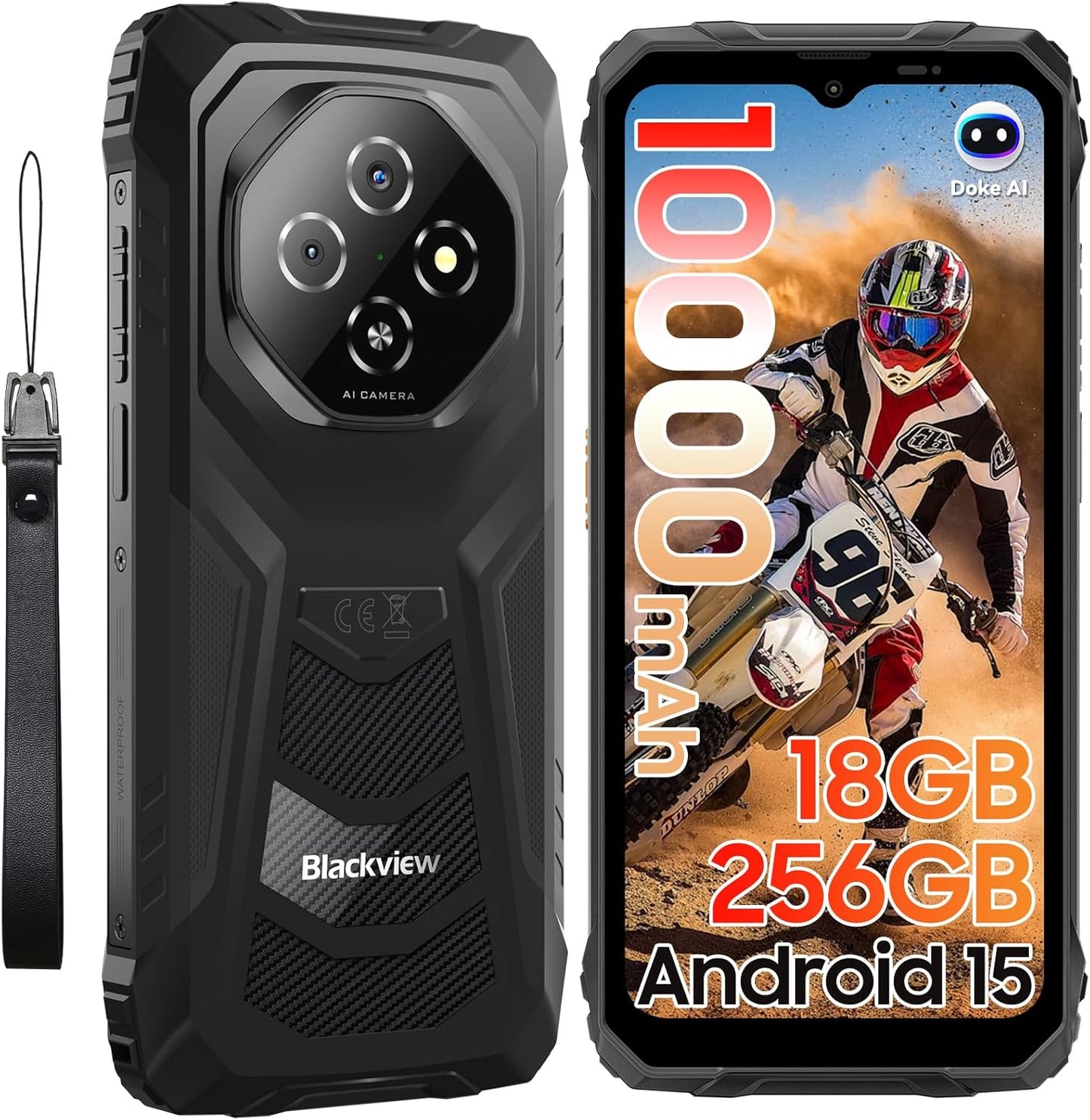 Blackview Fort 1 Rugged Phone Android 15, 18GB+256GB 2TB Expand 10000mAh Battery Rugged Smartphone Unlocked, Gemini AI 6.56 Inch 90Hz, 4G T-Mobile Dual SIM IP69K Waterproof, Fingerprint/NFC/OTG/GPS