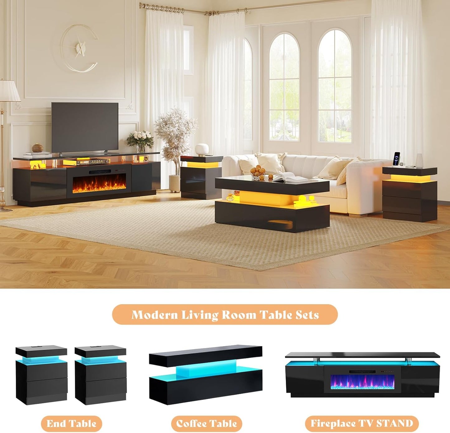AMERLIFE 5 Piece Modern Living Room Table Set, Includes 80" Fireplace TV Stand, 2-Tier Coffee Table, 2 X Side Tables with Charging Station, LED Media Furniture, Black