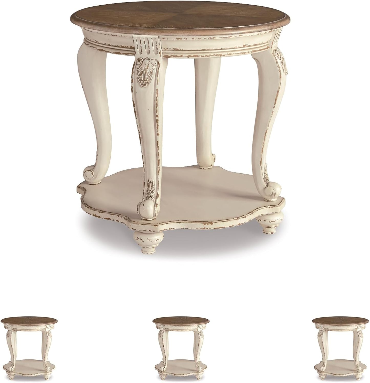 Signature Design by Ashley Realyn Round End Table, Cottage-Style Side Table with Antiqued Two-Tone Finish, Wood & Veneer Construction for Living Room or Bedroom, White/Brown