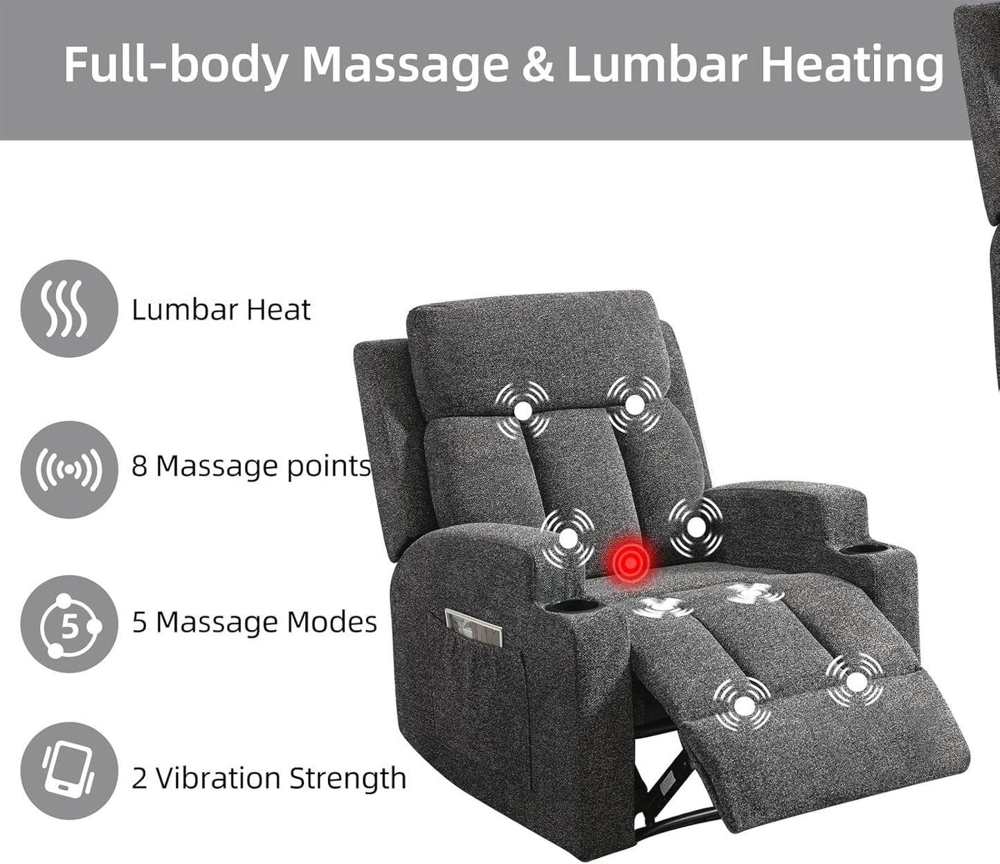 CANMOV Manual Recliner Sofa Set, Fabric Recliner Living Room Furniture Sets, 1 Seat Reclining Chair and a Loveseat Furniture Set with Side Pockets and Cup Holders, Dark Grey
