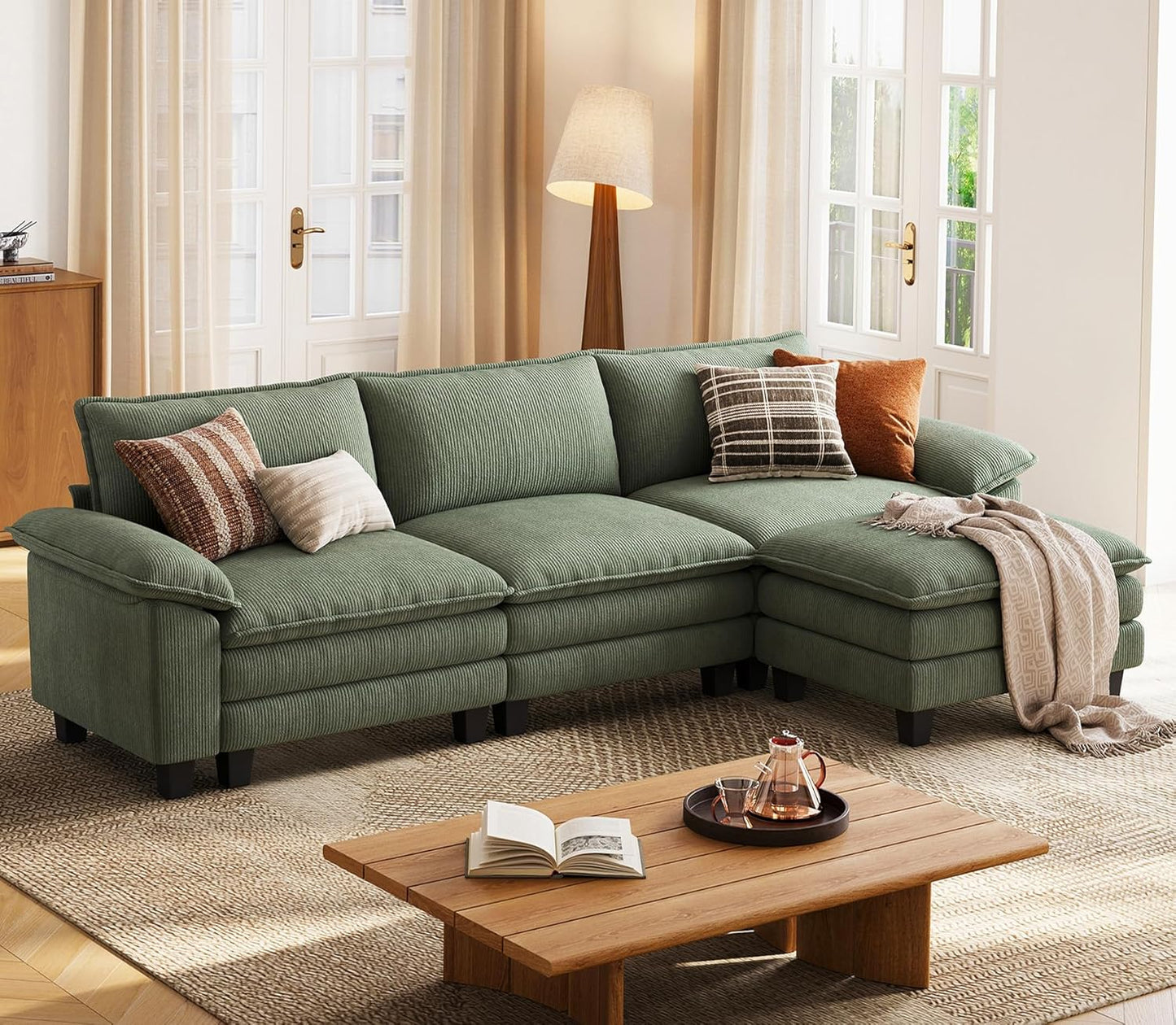 LINSY HOME 123" Modular L-Shaped Sectional Sofa, 3-Seat Corduroy Modern Cloud Couch with Deep Seat & 1 Movable Ottoman, Perfect for Living Room, Office, Bedroom, Green