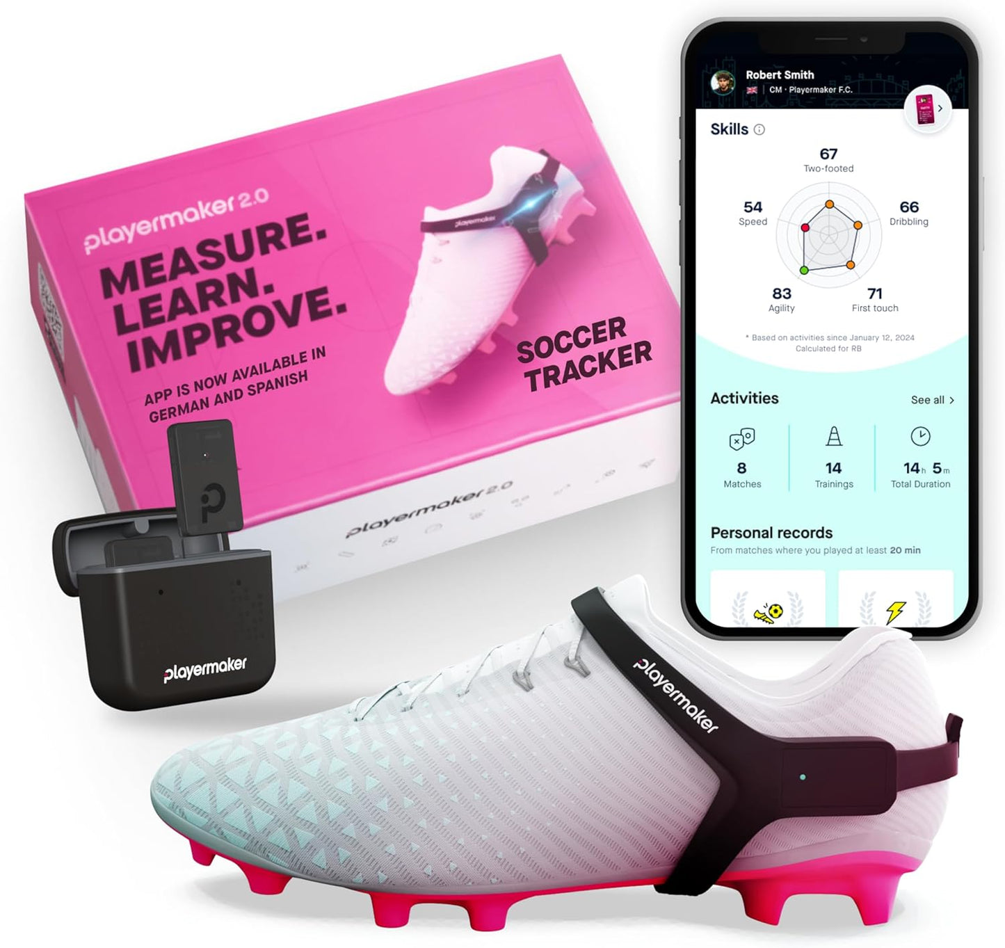 Playermaker 2.0 Smart Soccer Tracker for Cleats, 25+ Technical & Physical Soccer Training Metrics, 12 Month Access to Playermaker Technology App Included, Next-Level Precision Beyond GPS Trackers