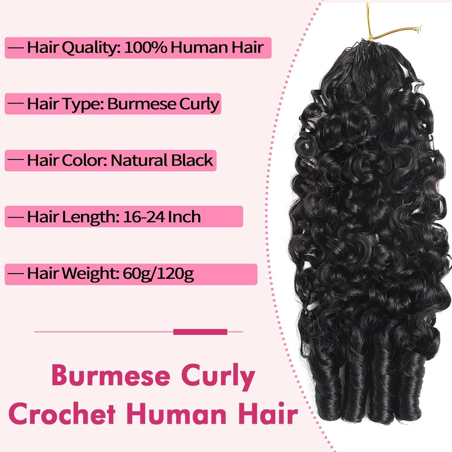 Beauty Queen Burmese Curly Crochet Human Hair 20 Inch 120g Knotless Pre-Separated Feather Human Hair Crochet Bundles 3C4A Lightweight Reusable Remy Hair Extensions for Women Natural Black Color