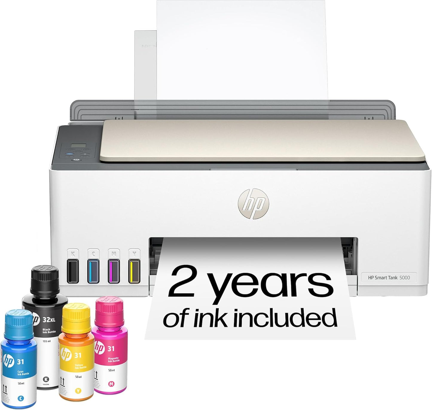 HP Smart Tank 5000 Wireless All-in-One Ink Tank Printer, Scanner, Copier with 2 Years of Ink Included, Best-for-Home, Cartridge-Free, Refillable, AI-Enabled, an EcoTank Alternative (5D1B6A)