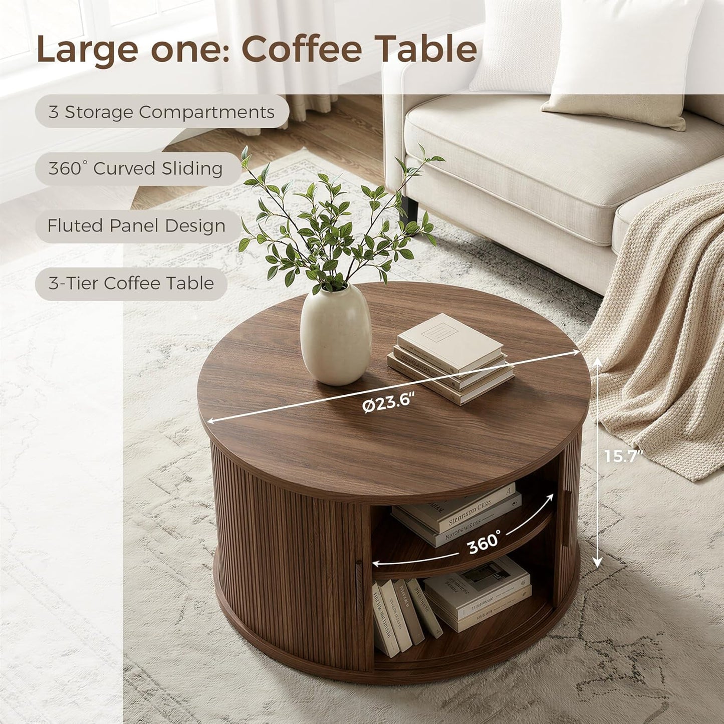 IRONCK Round Coffee Table Set of 2, Fluted Coffee Table and End Table with Storage, Wood Center Tables with Sliding Tambour Door and Hollow Side Table, Mid Century Modern, Walnut