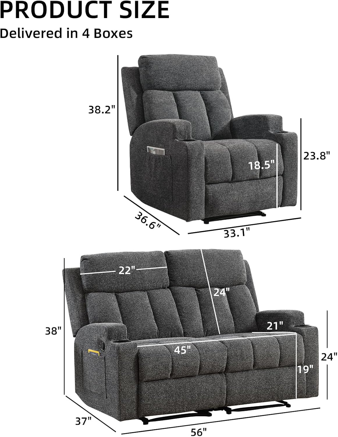 CANMOV Manual Recliner Sofa Set, Fabric Recliner Living Room Furniture Sets, 1 Seat Reclining Chair and a Loveseat Furniture Set with Side Pockets and Cup Holders, Dark Grey