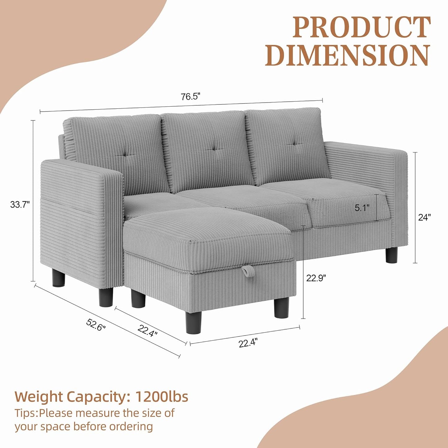 Shintenchi 76" Modern Upholstered Sectional Sofa, L-Shaped Couch with Storage Ottoman and Reversible Chaise for Living Room, Off-Grey Corduroy Fabric