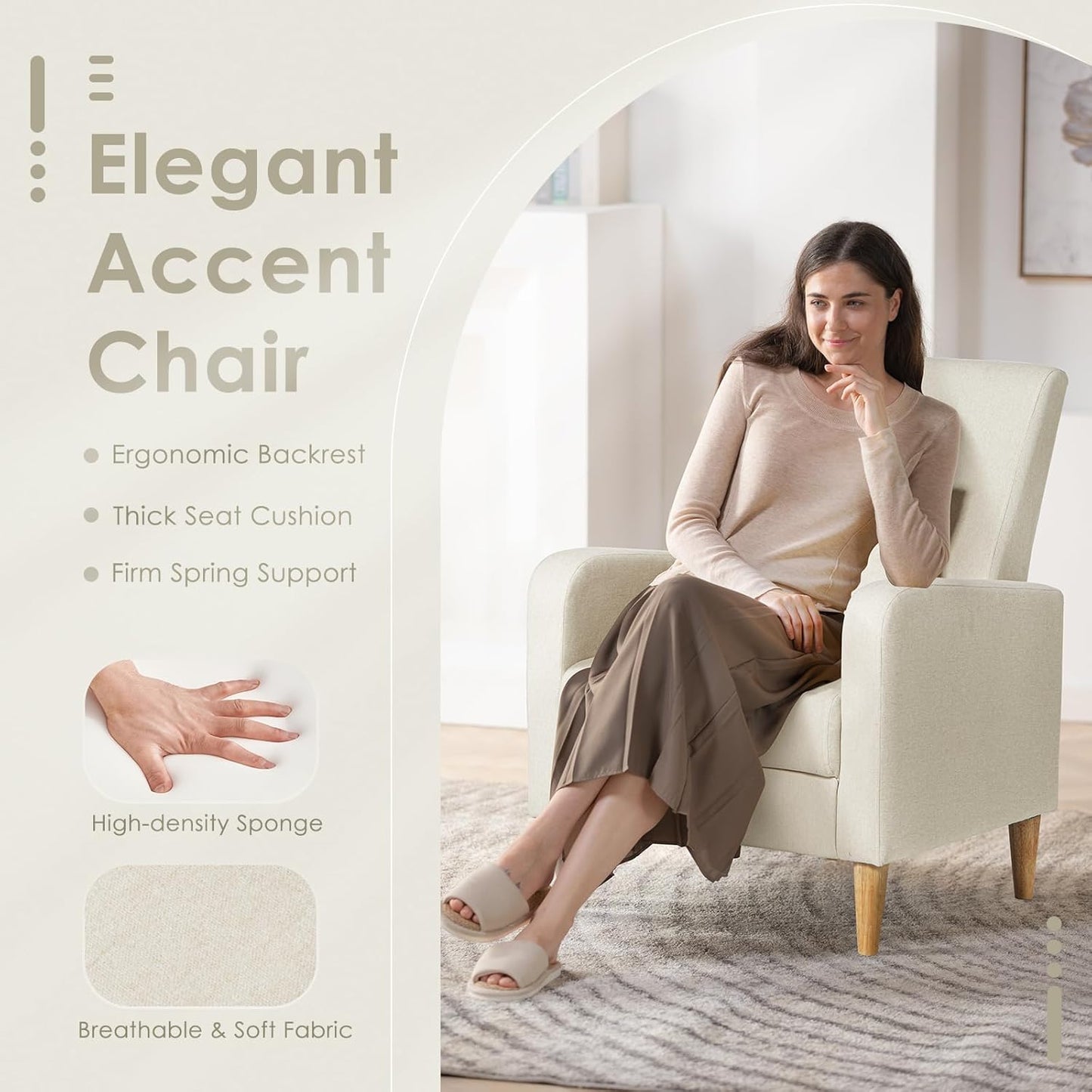COLAMY Upholstered Sherpa Accent Living Room Chairs Set of 2, Fabric Arm Chair Reading Side Chair, Single Sofa with Back Pillow and Wood Legs,Cream