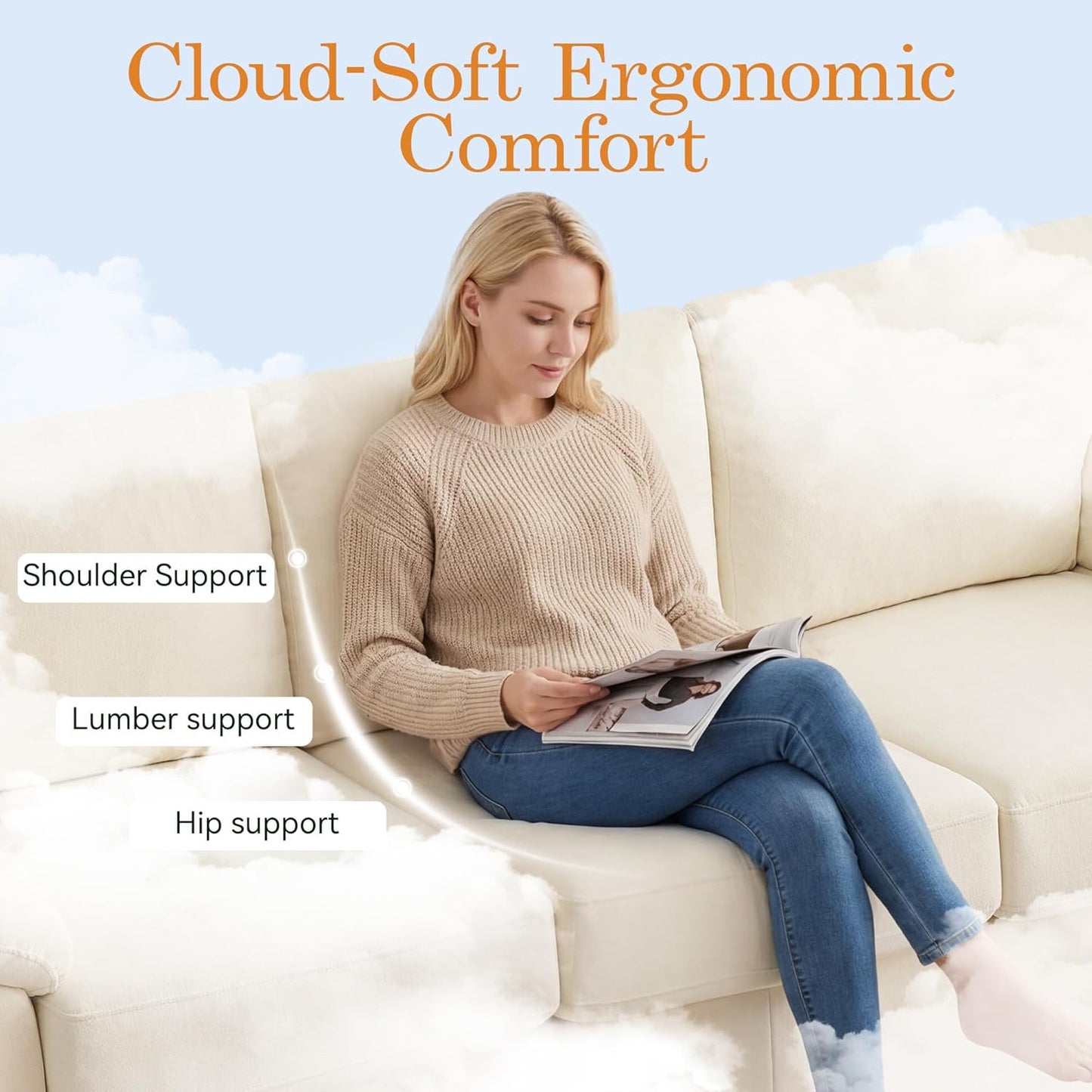 Boneless Couch Sets, Modern 3 Seater Sofa with Accent Chair, Floor Cloud Couch Sets with Extra Comfy Soft Deep Seats for Living Room, Apartment, No Assemby, Set of 2, Beige