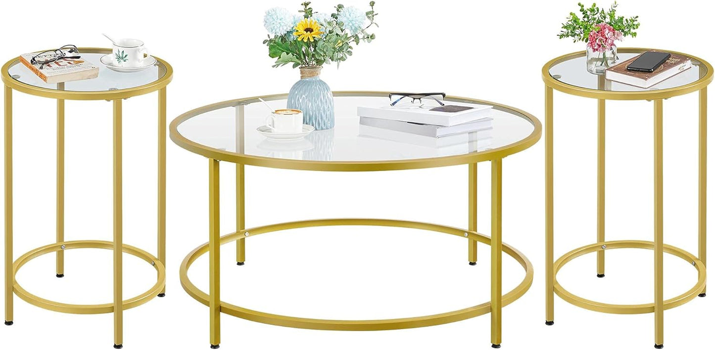 Yaheetech Coffee Table Set of 3, Round Coffee Table & 2pcs Accent End Table Easy Assembly w/Glass-Top Surface & Reinforced Frame for Living Room,Apartment,Small Space,Mustard Gold