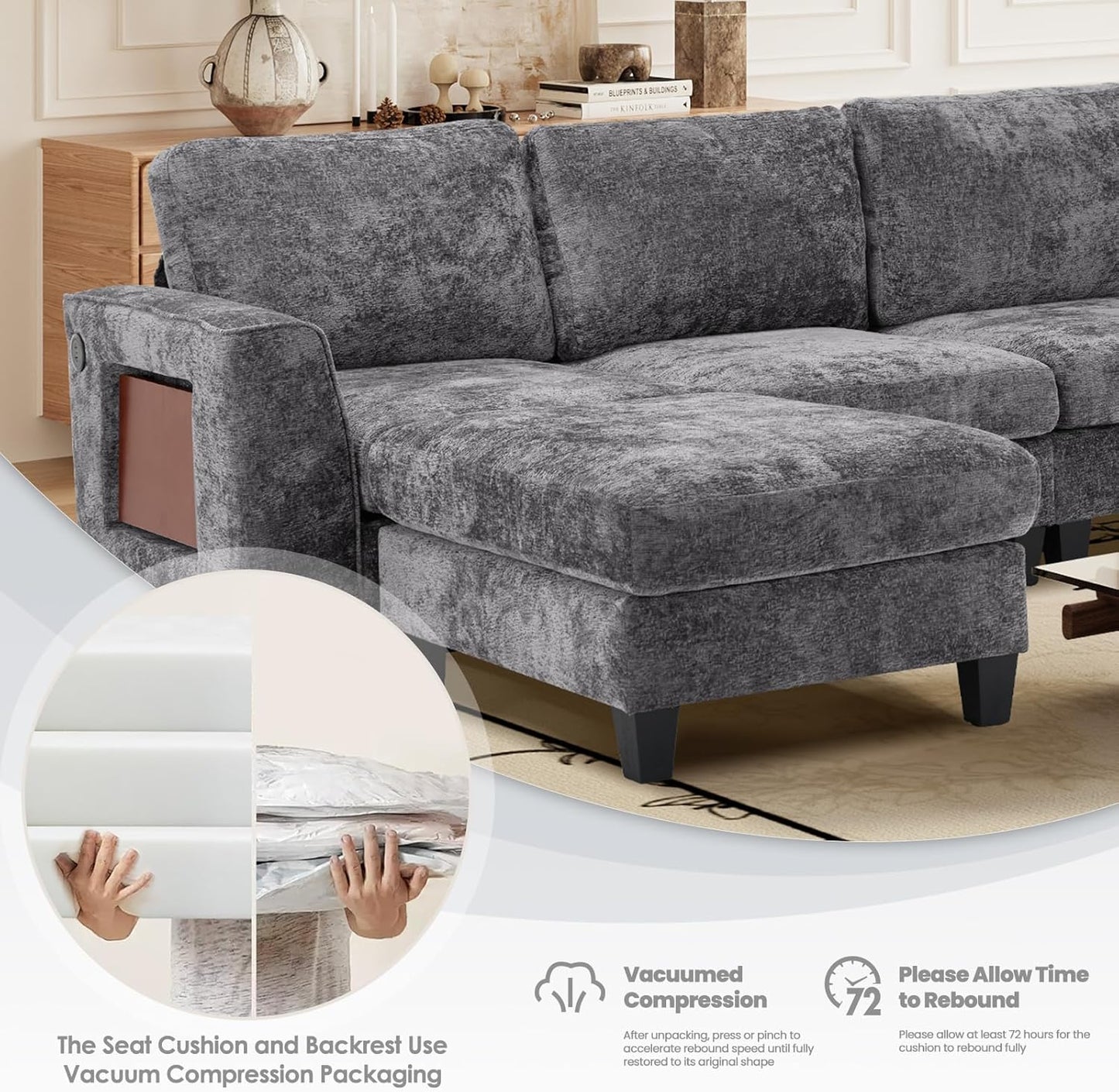 COLAMY 118" Modular Sectional Cloud Couch, Midcentury Modern 4-Seat U-Shaped Sofa, with USB Type C Ports, Foldable Side Table and 2 Ottomans, for Home Living Room, Grey