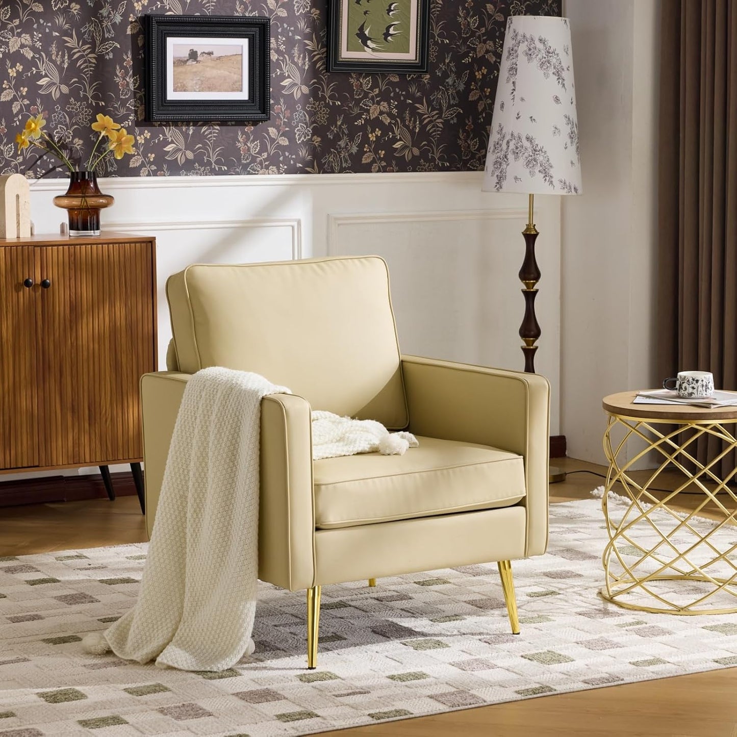 VINGLI Modern PU Leather Accent Chairs Set of 2, Single Sofa Chair with Pocket Coil Seat, Metal Backrest & Solid Wood Frame, Upholstered Armchair for Living Room, Bedroom or Office