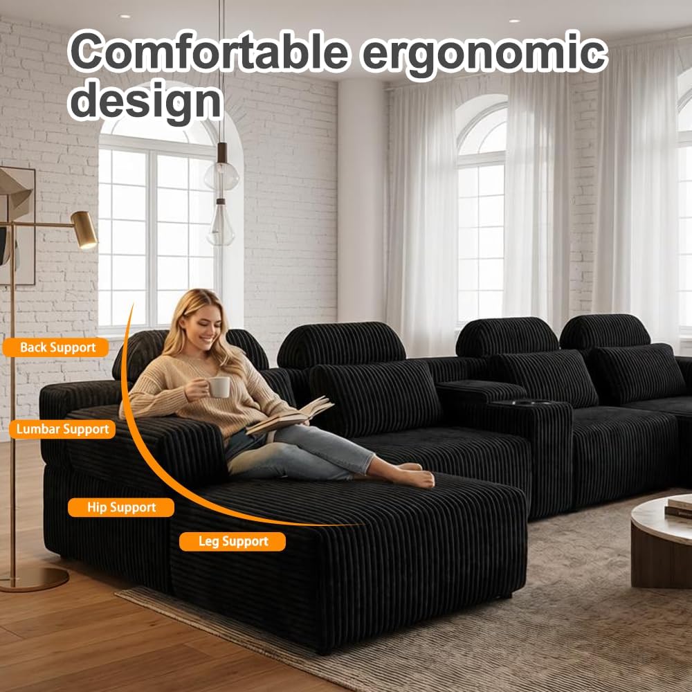 KEIKI Modular Sectional Cloud Couch for Living Room - 143" 6 Seater Convertible Velvet Couches Set with Ottoman, No Assembly Compression Sofa, Comfortable Sofa with Chaise Lounge & Cup Holders, Black