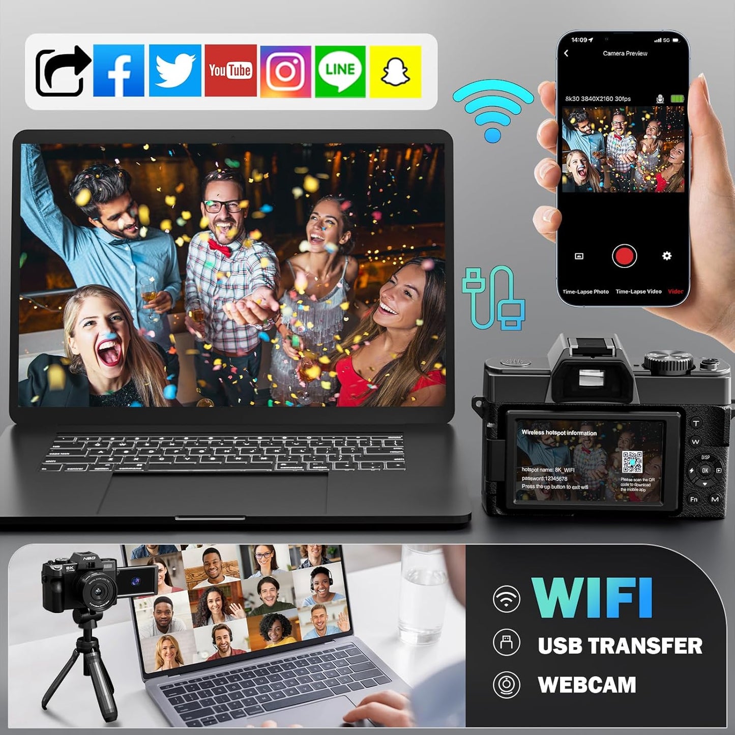 True 8K Digital Cameras for Photography 64MP - WiFi, Wide-Angle & Macro Lens, 16X Zoom Autofocus, 3" 180° Flip Screen, 64GB Card, Vlogging Camera for YouTube Travel(Black)