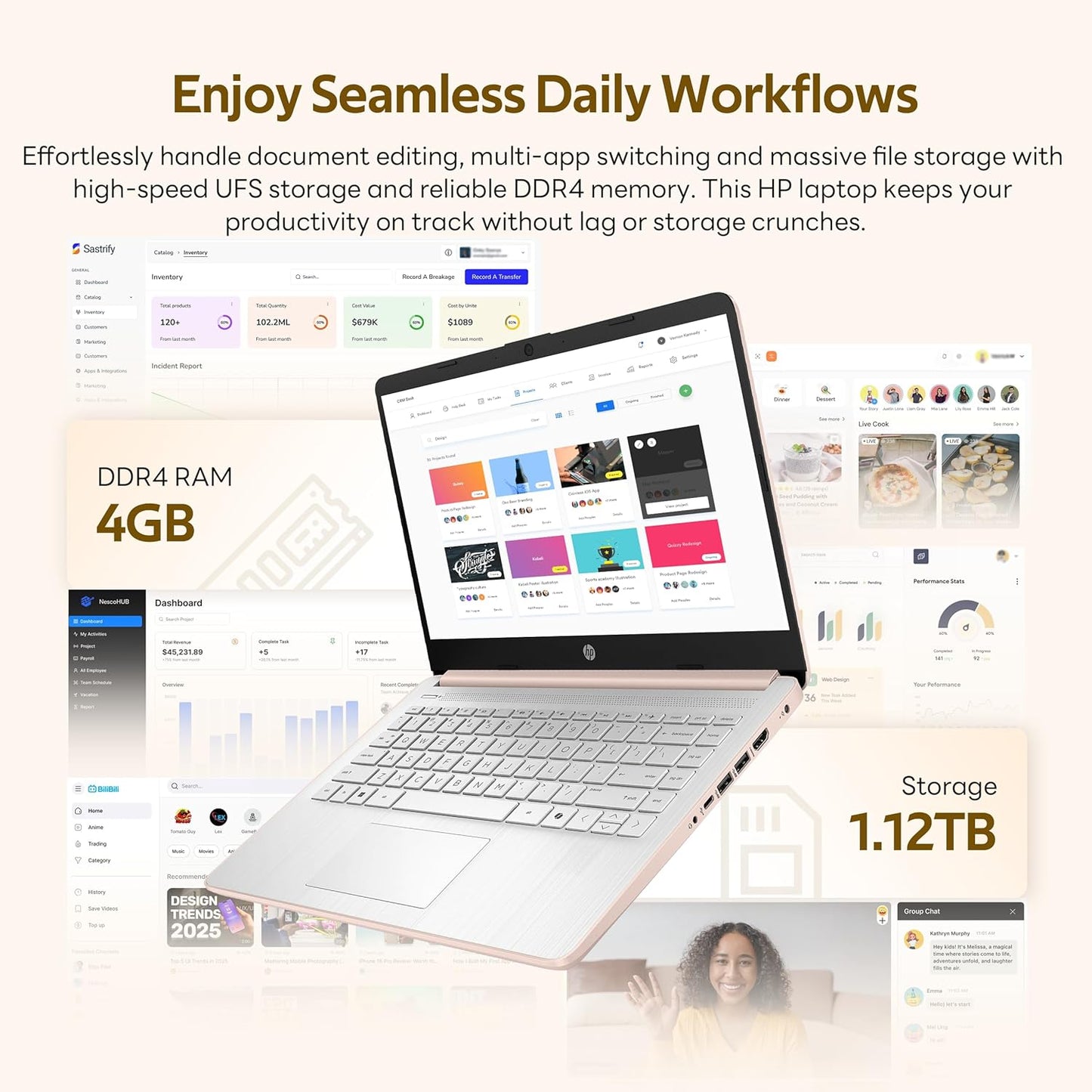 HP Stream 14" Laptop with AI Copilot, Flagship for Students & Business, 13th Gen Intel 4-Core, 4GB RAM, 1.12TB Storage (128GB UFS + 1TB Docking Station), Office 365 1-Year, Win 11 S, Pale Rose Gold