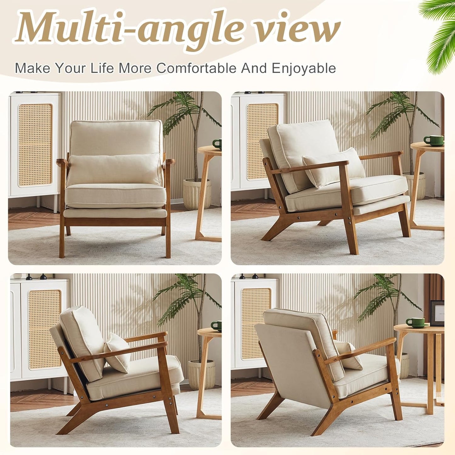 VINGLI Solid Wood Wide Armrests Accent Chair Set of 2,Upholstered Mid Century Modern Chair with Pillow,Farmhouse Arm Chair Comfy Reading Chair,Chairs Living Room,Bedroom,Guest Room,Linen Fabric,Beige