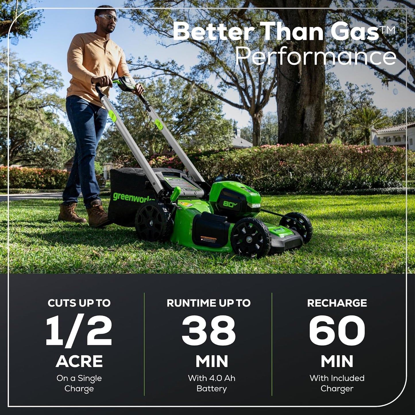 Greenworks 80V 21" Cordless Push Lawn Mower – Brushless Motor, LED Lights, 4.0Ah Battery & Rapid Charger (75+ Compatible Tools)