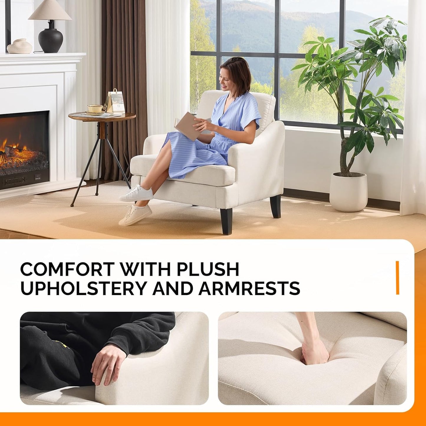 VINGLI Linen Fabric Accent Chairs Set of 2, Beige Modern Upholstered Armchair, Comfy Sofa Chair Living Room Bedroom Furniture for Apartment