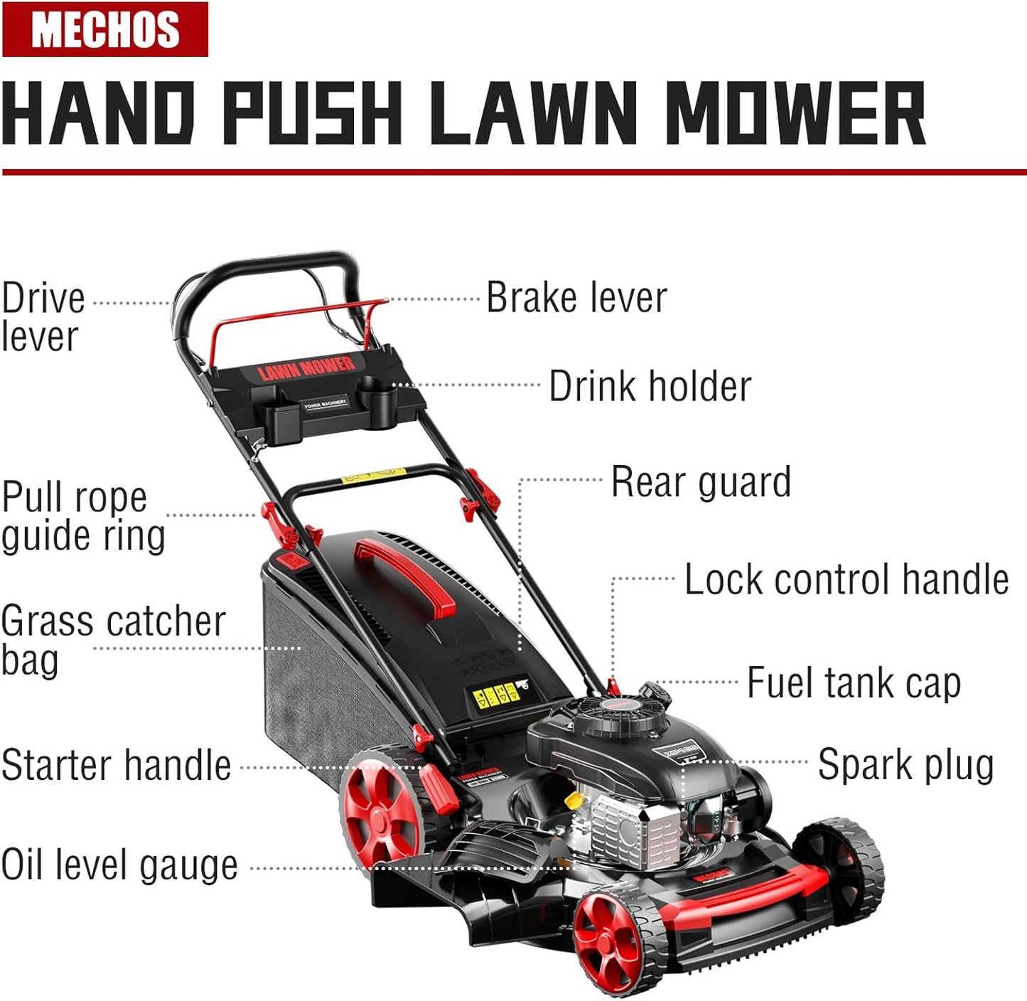 MECHOS 21 Inch 201cc 4-Cycle Engine 3-Position Cutting Height Adjustment 3-in-1 Gas Walk Behind Self Propelled Lawn Mower, Black