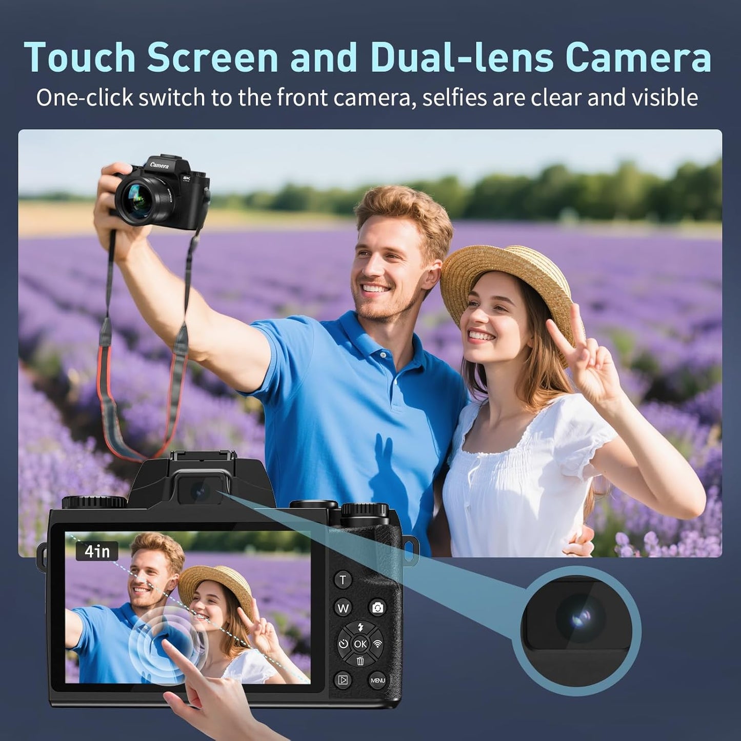 8K Digital Camera, 64MP WiFi Cameras for Photography with 4" Touchscreen, Vlogging Camera for YouTube with 16X Zoom Autofocus Dual Lens, 3000mAh Battery, 32GB Card & Lens Hood (Black)