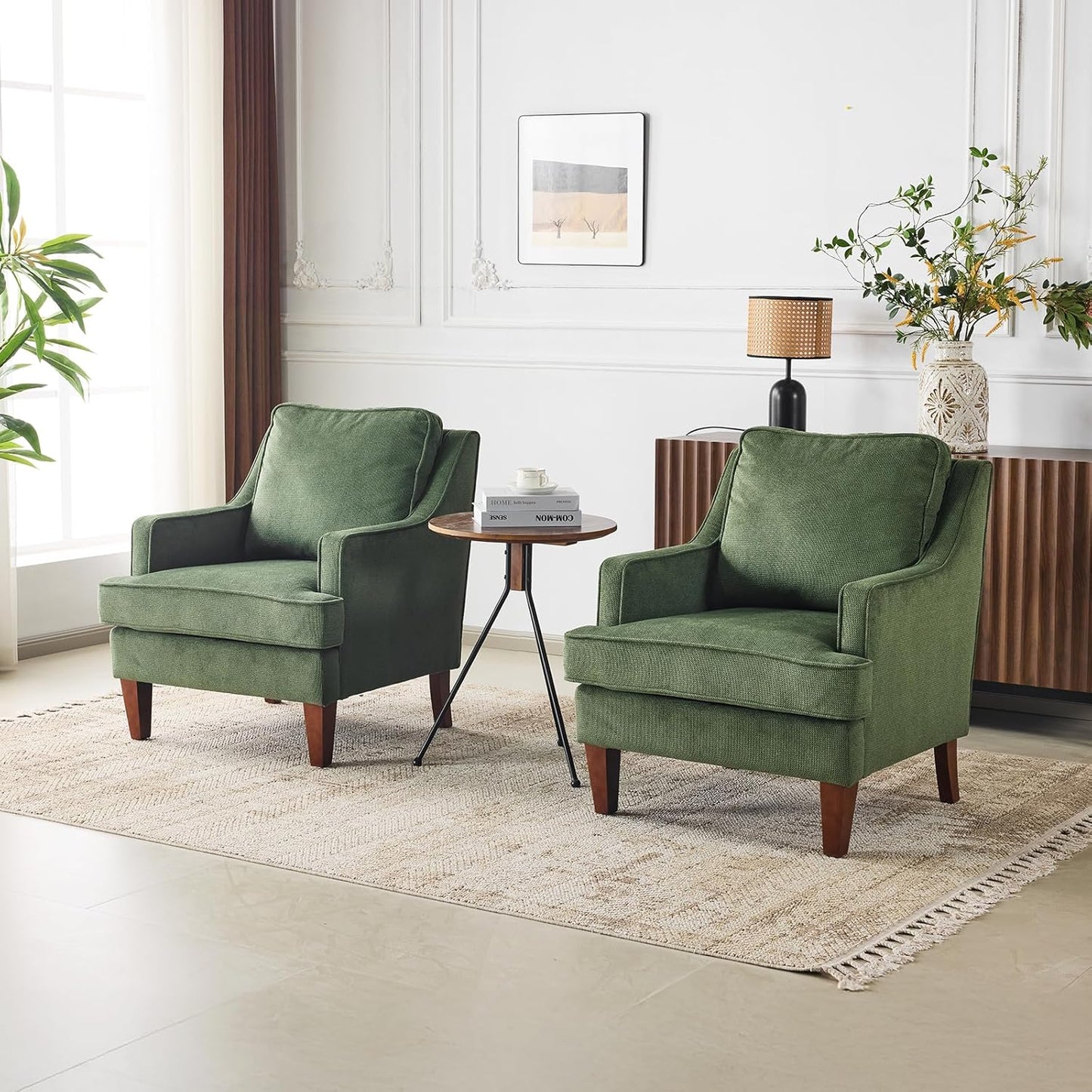 VINGLI Mid-Century Modern Accent Chairs Set of 2, Green Upholstered Armchair Comfy Sofa Chairs Reading Chair High Back for Living Room Bedroom Furniture Apartment