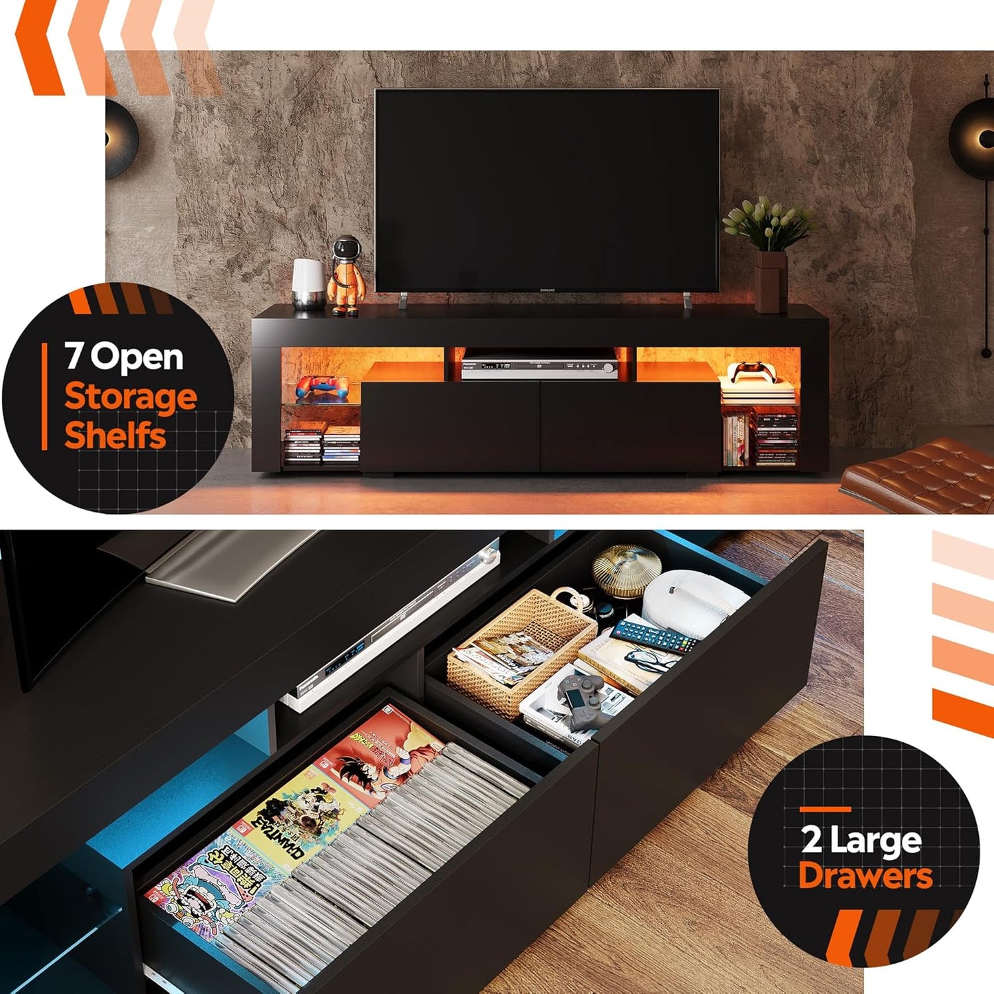WLIVE 63 inch TV Stand for 50 55 60 65 70 Inch TVs, Modern Entertainment Center with LED Lights & 2 Large Storage Drawers, TV Console Gaming Media Television Stands for Living Room, Bedroom(Black)