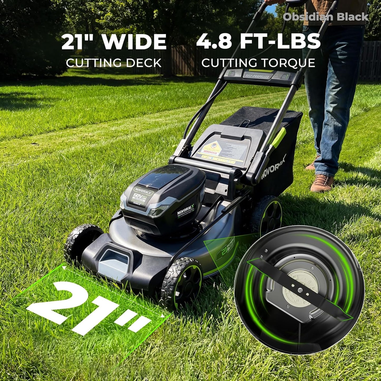 NovorikX 60V 5Ah Self-Propelled Electric Cordless Lawn Mower with 5.0Ah Battery 21-Inch, Brushless Mower for Large Yards, LED Headlight, Rapid Charger 3-in-1 Versatility Obsidian Series