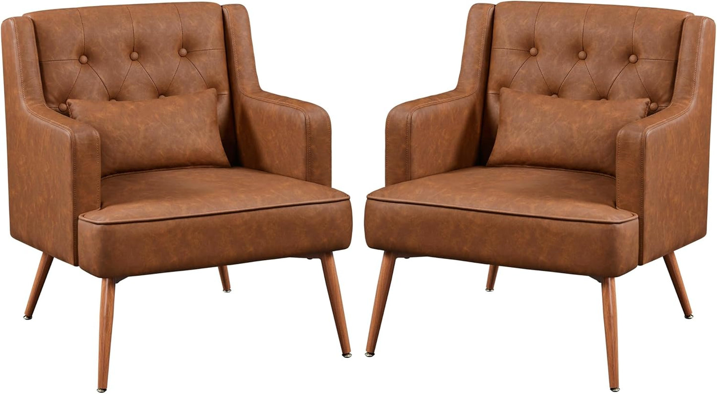 Yaheetech Accent Chair, Living Room Chair Mid Century PU Leather Armchair Lumbar Pillow, Comfy Upholstered Reading Chair Wood Leg Bedroom Brown 2PCS