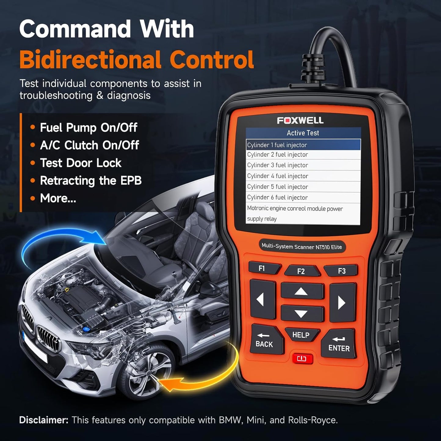 FOXWELL NT510 Elite Scan Tool fit for BMW Scanner Full Diagnostic Tool OBD2 Scanner, All System Bi-Directional Control Code Reader with All Reset Services, Battery Registration Tool fit for BMW Mini