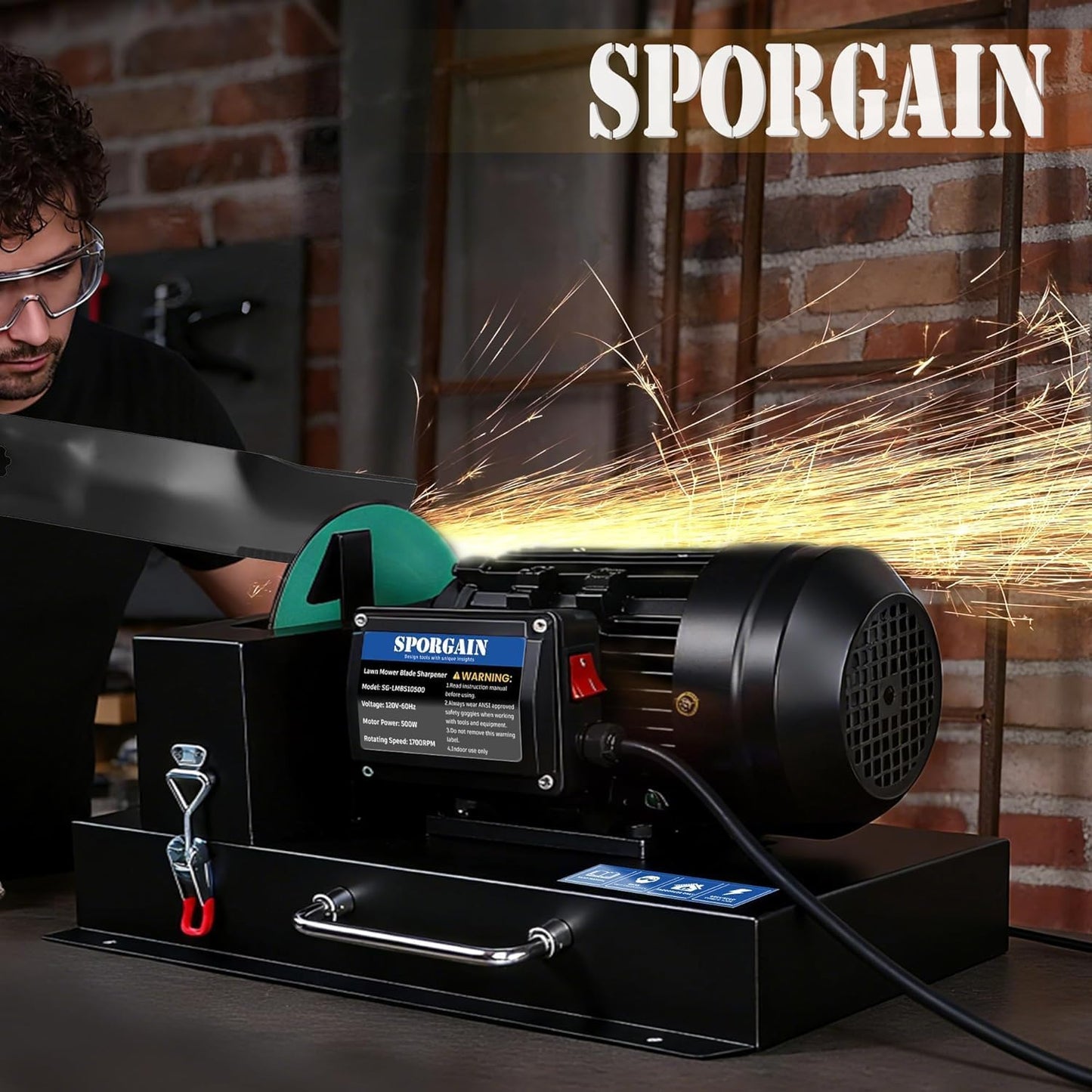 SporGain Lawn Mower Blade Sharpener 2/3 HP, Lawnmower Blade Sharpener with 20 Sandpapers 60/180 Grit, Heavy-Duty Mower Sharpening Machine for High/Low Lift, Gator & Flat Blades