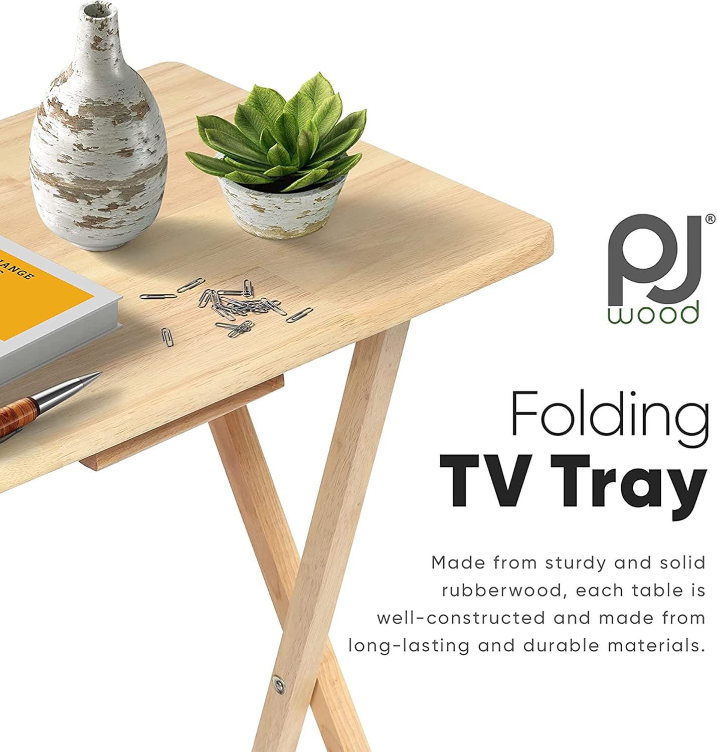 PJ Wood 5-Pack TV Tray, Folding Wooden Dinner Table Set with Storage Rack, Natural - Portable and Adjustable Home Furniture for Living Room, Bedroom, and Kitchen