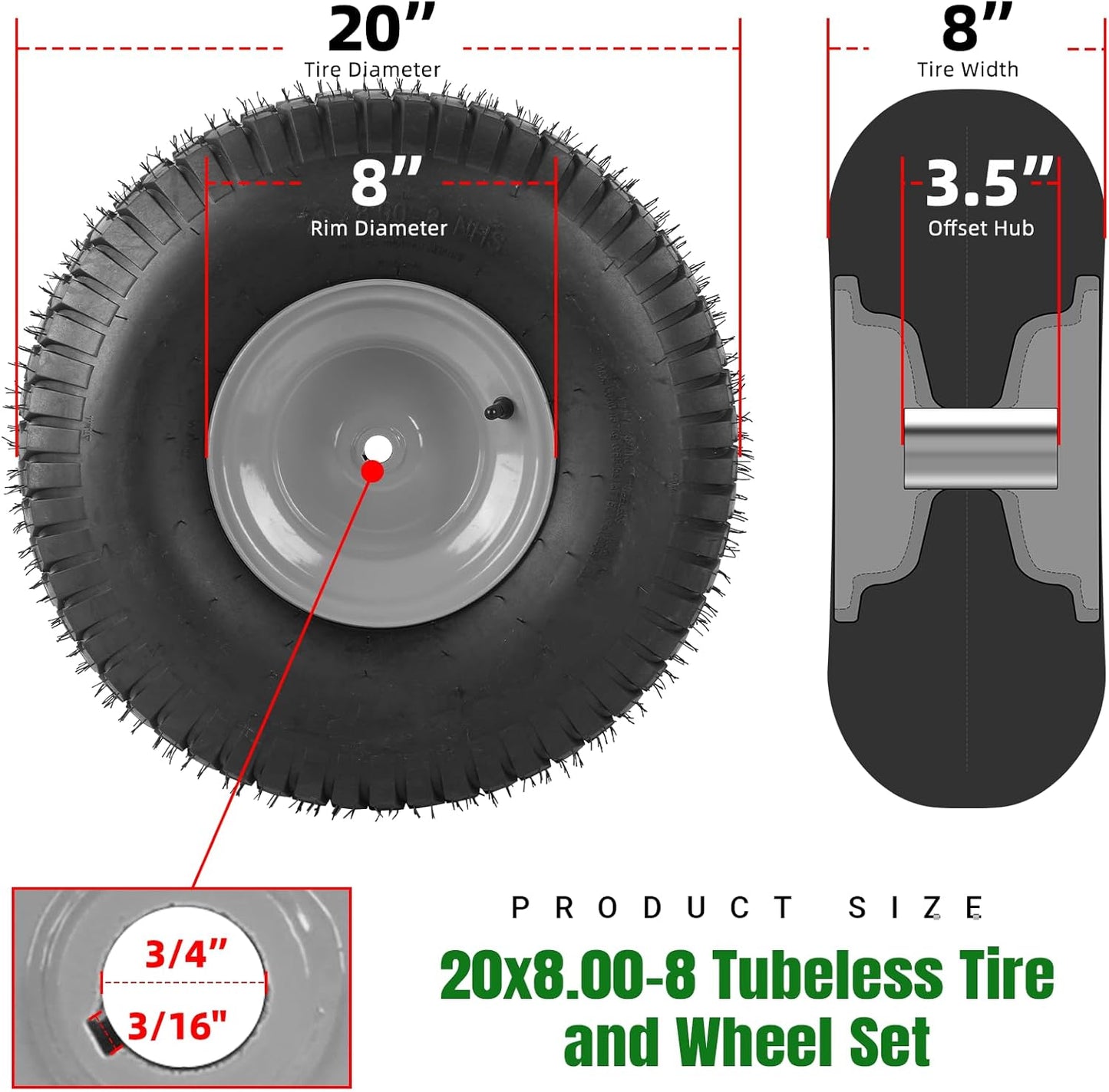 AR-PRO 20x8.00-8 Rear Tire and Wheel Assemblies for Riding Lawn Mowers - 3/4" Borehole, 3.5" Offset Hub and 3/16" Keyway, 4 Ply Tubeless, 965lbs Capacity (Set of 2)