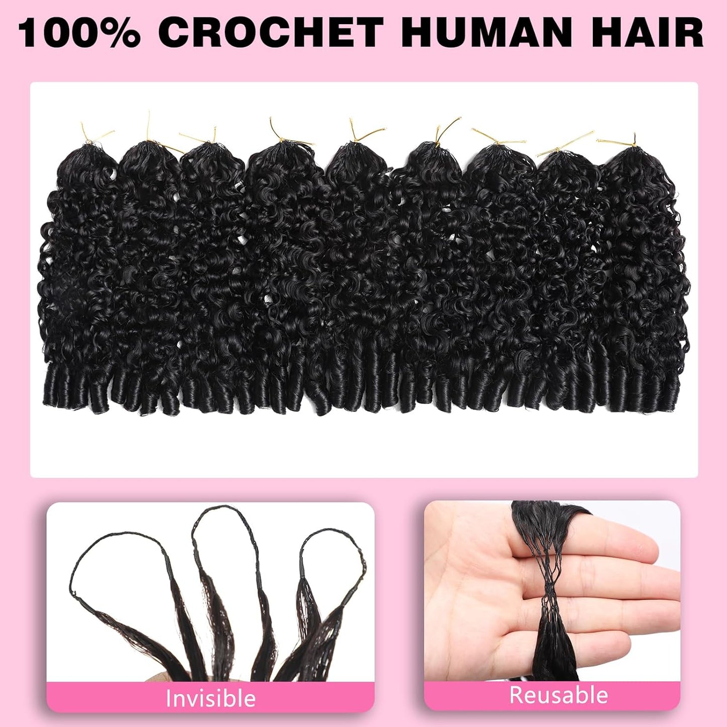 Beauty Queen Burmese Curly Crochet Human Hair 20 Inch 120g Knotless Pre-Separated Feather Human Hair Crochet Bundles 3C4A Lightweight Reusable Remy Hair Extensions for Women Natural Black Color