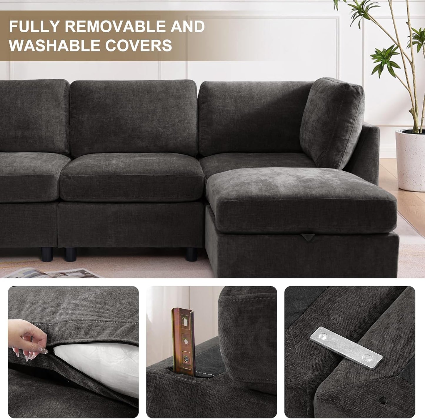 EDILLY 94 inches Oversized Modular Sectional Fabric Cloud Sofa Set, Extra Large L Shaped Couch Reversible Chaise Couch,3 Seat Modular Sofa,Grey