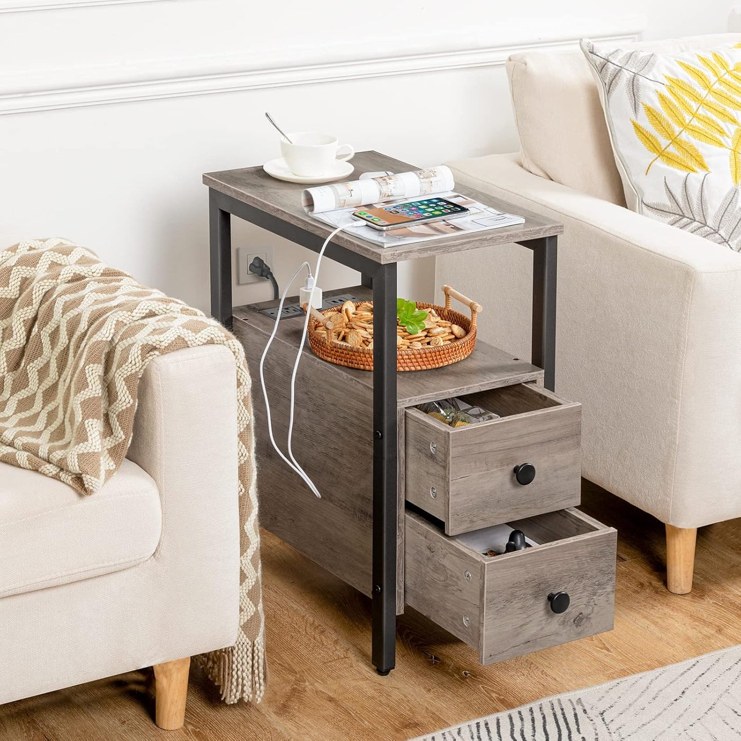 HOOBRO Set of 2 End Tables with Charging Station, Narrow Side Table with Drawers & USB Port & Power Outlets, Nightstand for Small Spaces, Living Room, Stable, Greige and Black BG541BZP201
