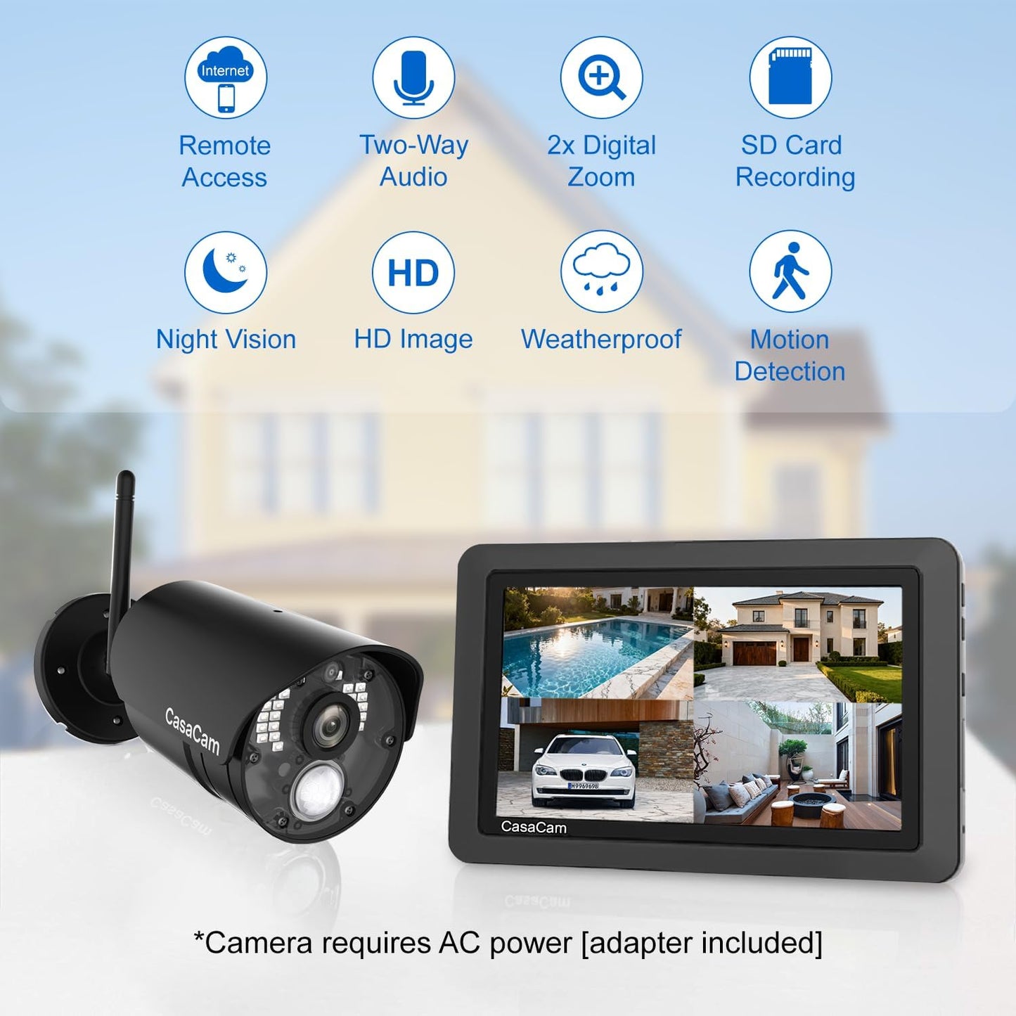 CasaCam Wireless Security Camera System | 7" Touchscreen Monitor and 2 720p Cameras | AC Powered, No Monthly Fees, Two-Way Audio, Free APP, Micro SD Card and Battery Installed, GuardianCam Air VS802