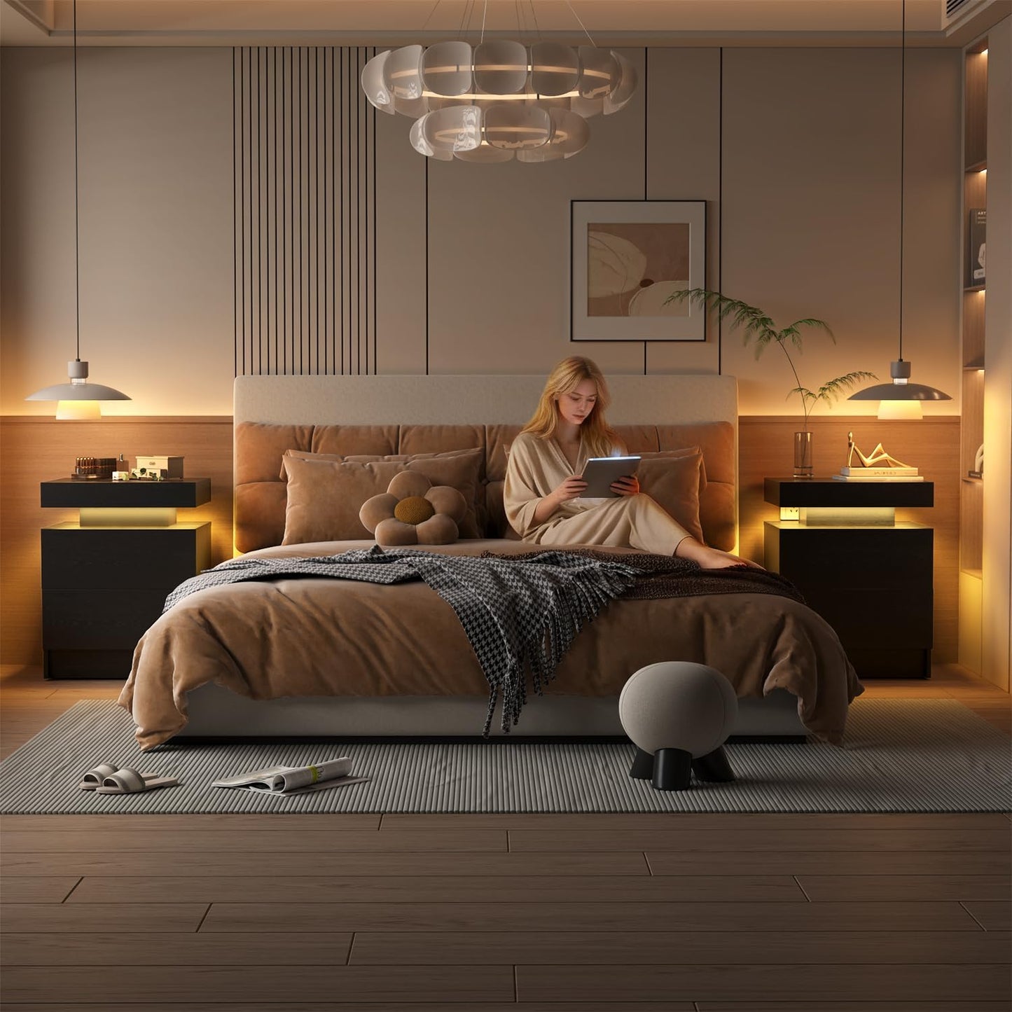 LED Nightstands Set of 2, Modern Black Night Stand End Tables with APP & Remote Control LED Lighting, 2 Drawers, Open Shelf Storage, Bedside Tables for Bedroom and Living Room