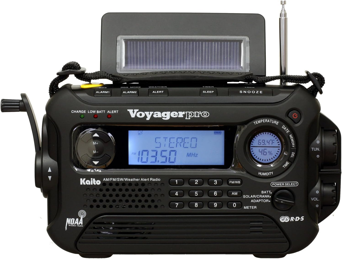 Kaito Voyager Pro KA600 Digital Solar Dynamo Hand Crank AM/FM/LW/SW & NOAA Weather Emergency Radio with Flashlight, Reading Lamp,Smart Phone Charger & RDS and Real-Time Alert, with AC Adapter, Black