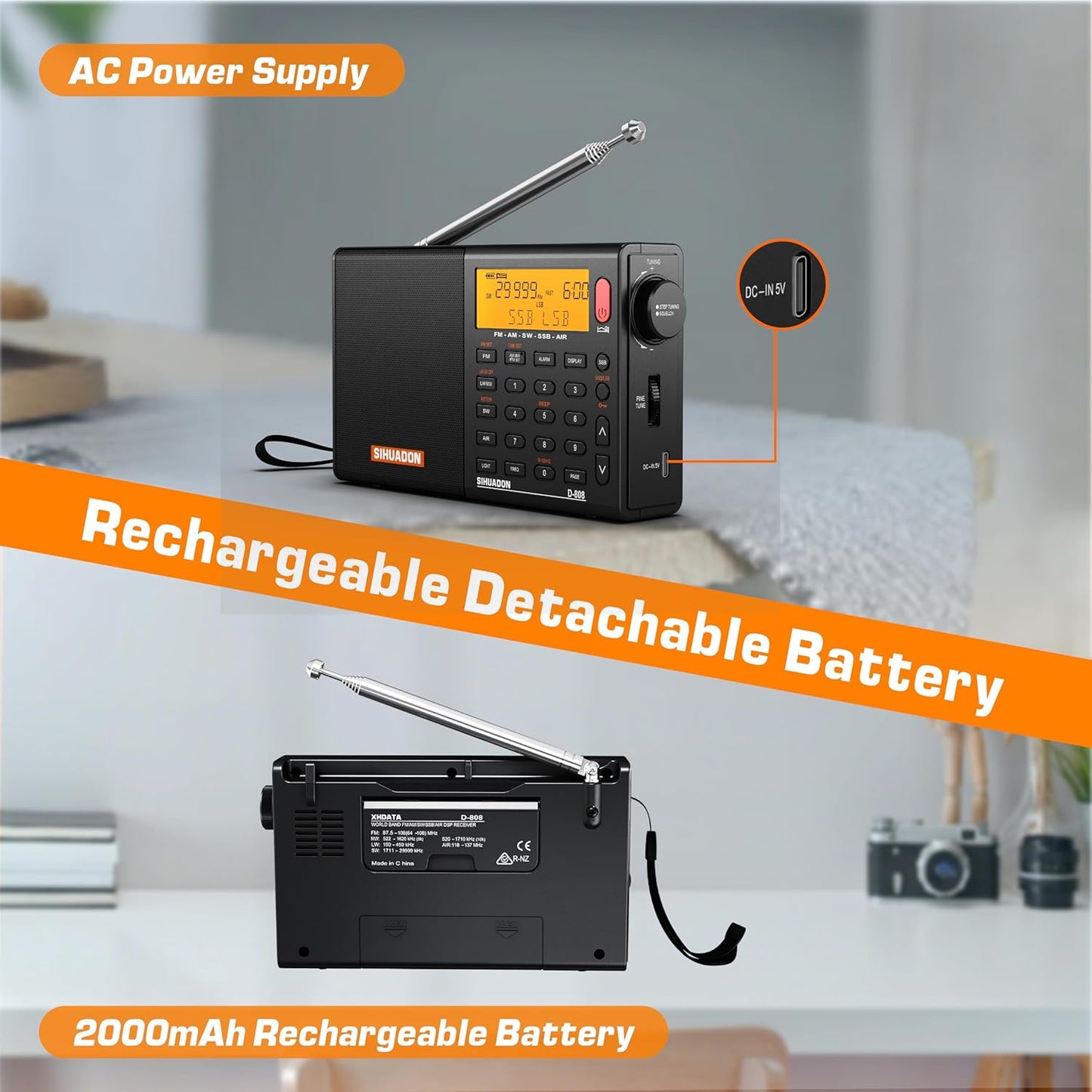 XHDATA D808 Portable AM FM SW LW Air Band Shortwave Radio SSB RDS Multi Band Digital Radio Speaker with LCD Display Alarm Clock External Antenna (Black)