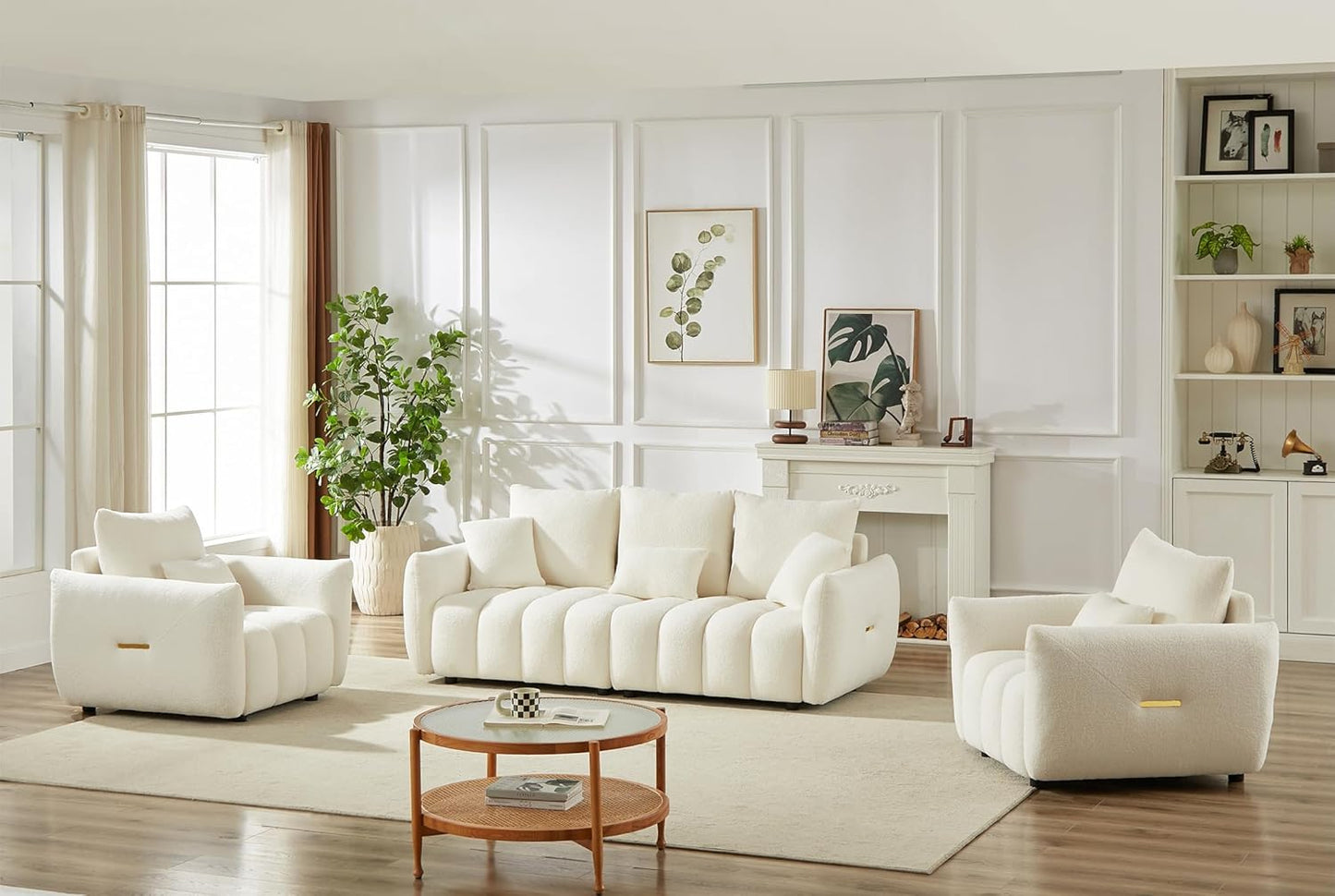Antetek Set of 3 Teddy Sofa for Living Room, Modern 2 Units Deep Seat Sofa Chairs and an Oversized 3-Seater Cloud Boucle Couch for Bedroom, Office, Apartment, Furniture Set, Beige (3 Pieces)