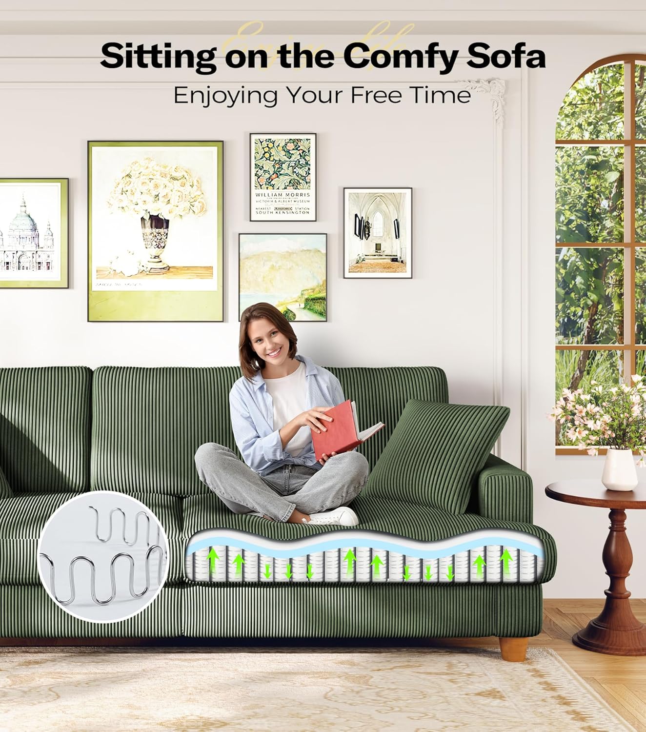 87in Corduroy Couch, Kidirect Sofa No Tool Assembly, Comfy Couches for Living Room 21in Deeper Seats, Corduroy Sofas for Living Room with 2 Pillows, Oversized Loveseat Sofa, Boho Love Seat Green Couch