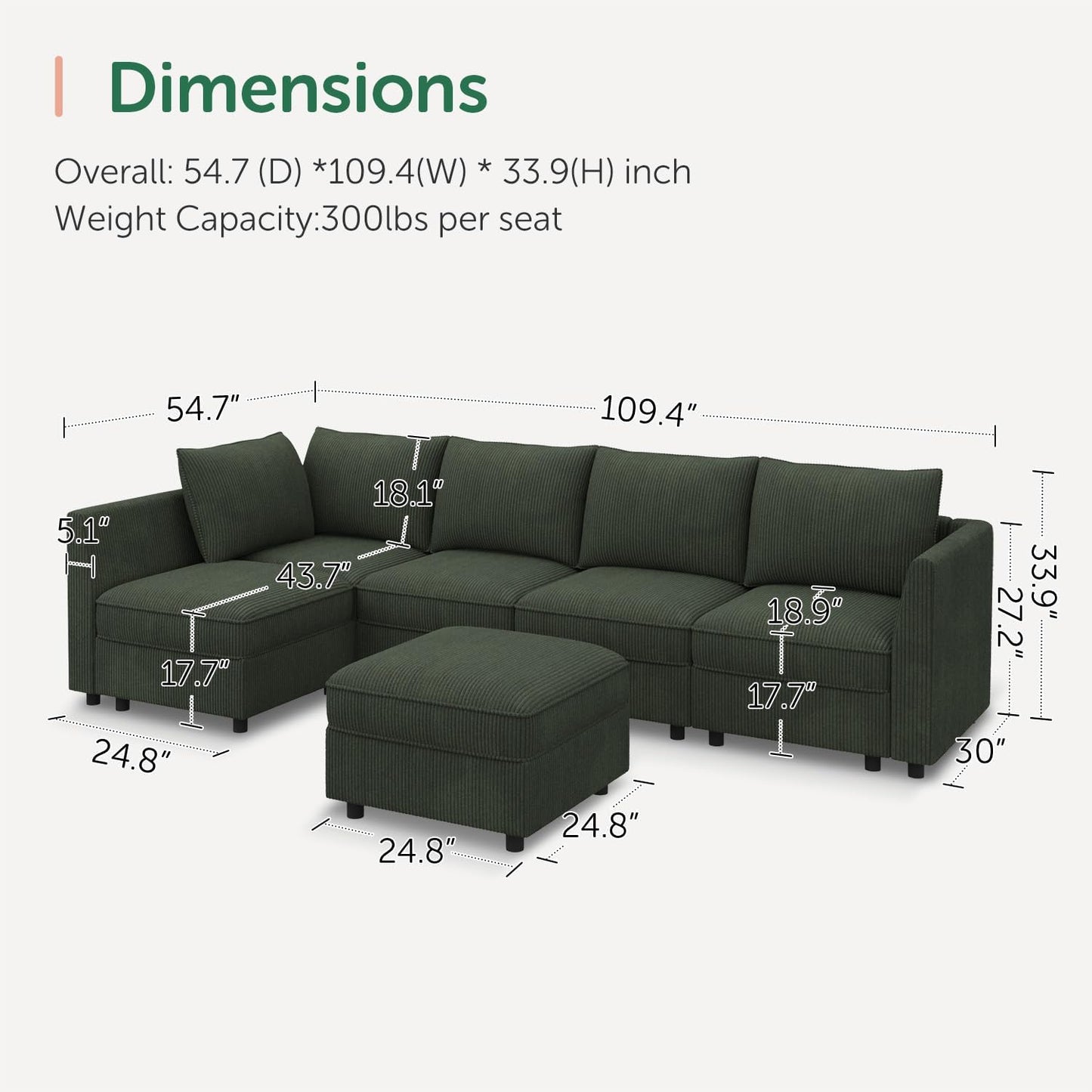 HONBAY Modular Sectional Sleeper Sofa Green Couch L Shaped Sectional Sofa with Storage, Convertible Couches for Living Room - Green