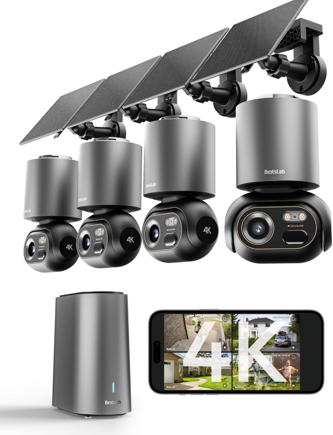 BOTSLAB 4K Security Cameras Wireless Outdoor, 4 Cam-Kit, Solar Camera for Home Security with Full Color Night Vision, No Subscription,AI Recognition,32GB Local Storage Base Station,360° PT,2.4GHz WiFi