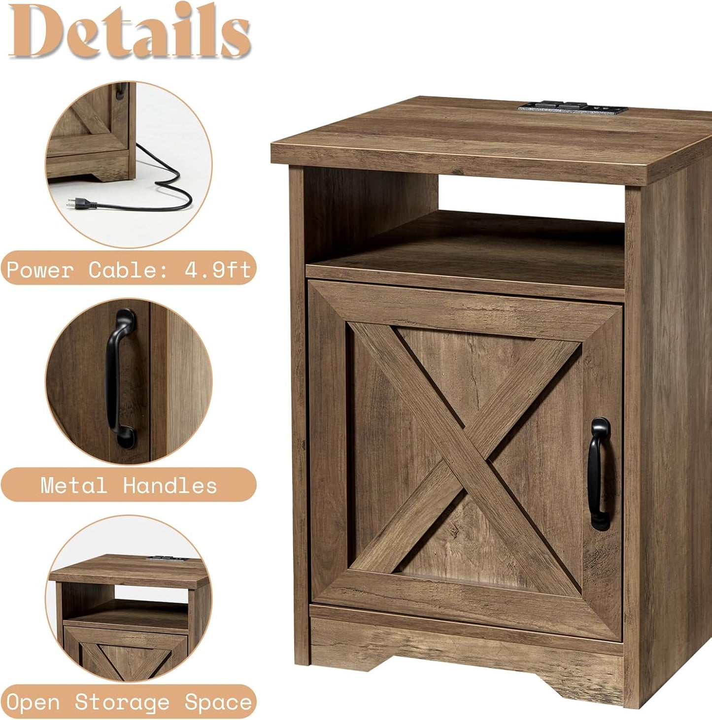 AMERLIFE 3-Piece Farmhouse Table Set Includes Coffee Table& Two End Tables, Side Table with Charging Station and USB Ports, for Living Room, Barnwood